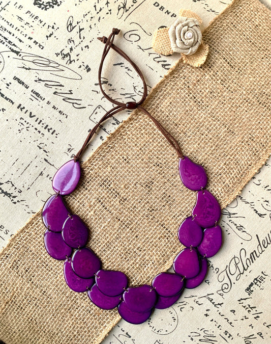 Purple statement necklace Tagua jewelry Big bold necklaces Adjustable cord Double strand necklace Wearable art Summer fashion Artsy gifts