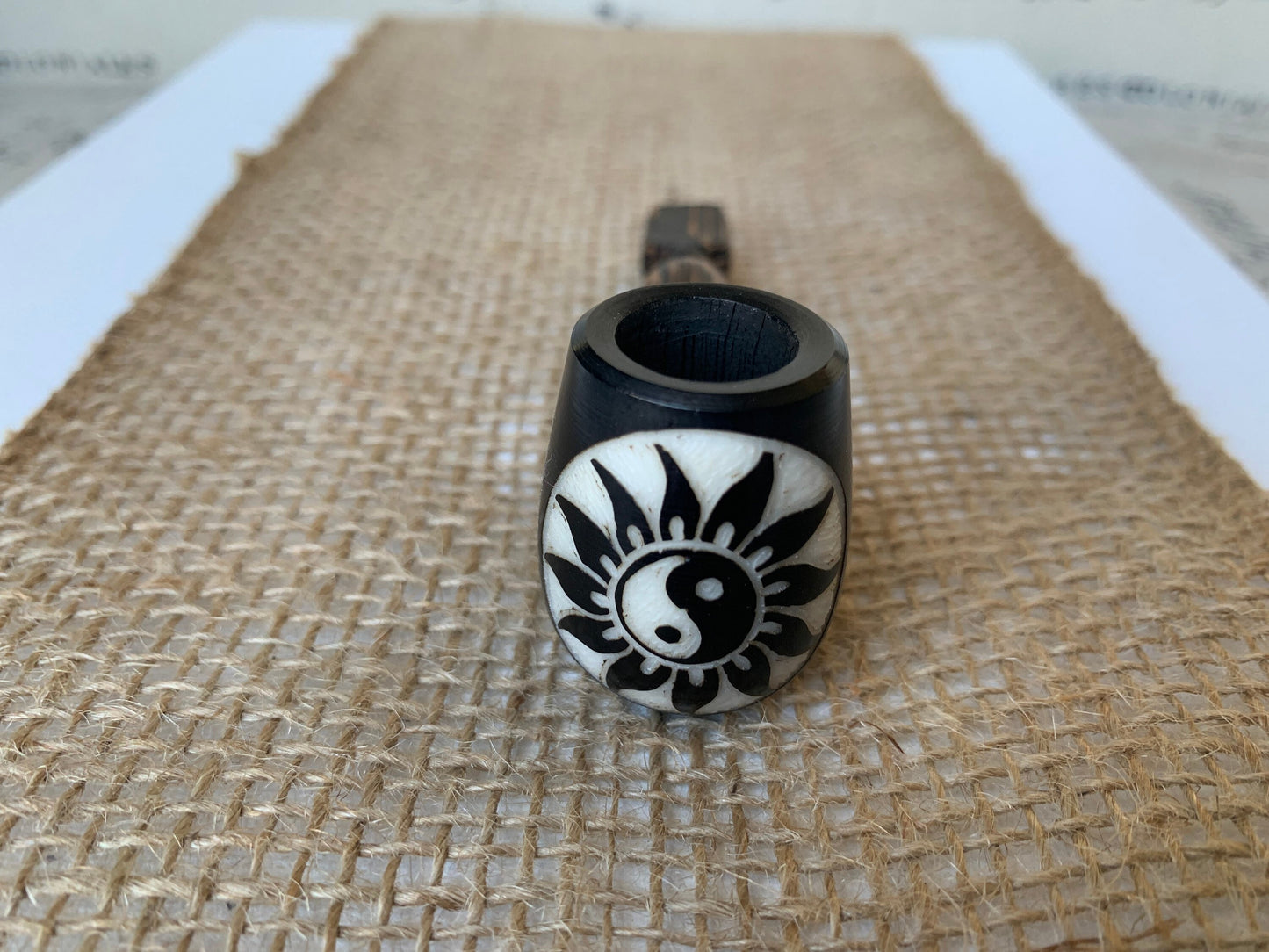 Yin Yang Sun smoking pipe Hand carved wooden smoking bowl Handmade tagua nut and wood pipe Tribal pocket pipe Shaman ceremony Mapacho pipe