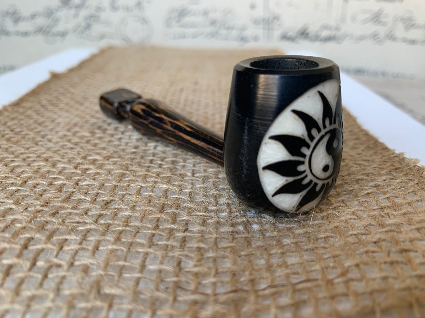 Yin Yang Sun smoking pipe Hand carved wooden smoking bowl Handmade tagua nut and wood pipe Tribal pocket pipe Shaman ceremony Mapacho pipe