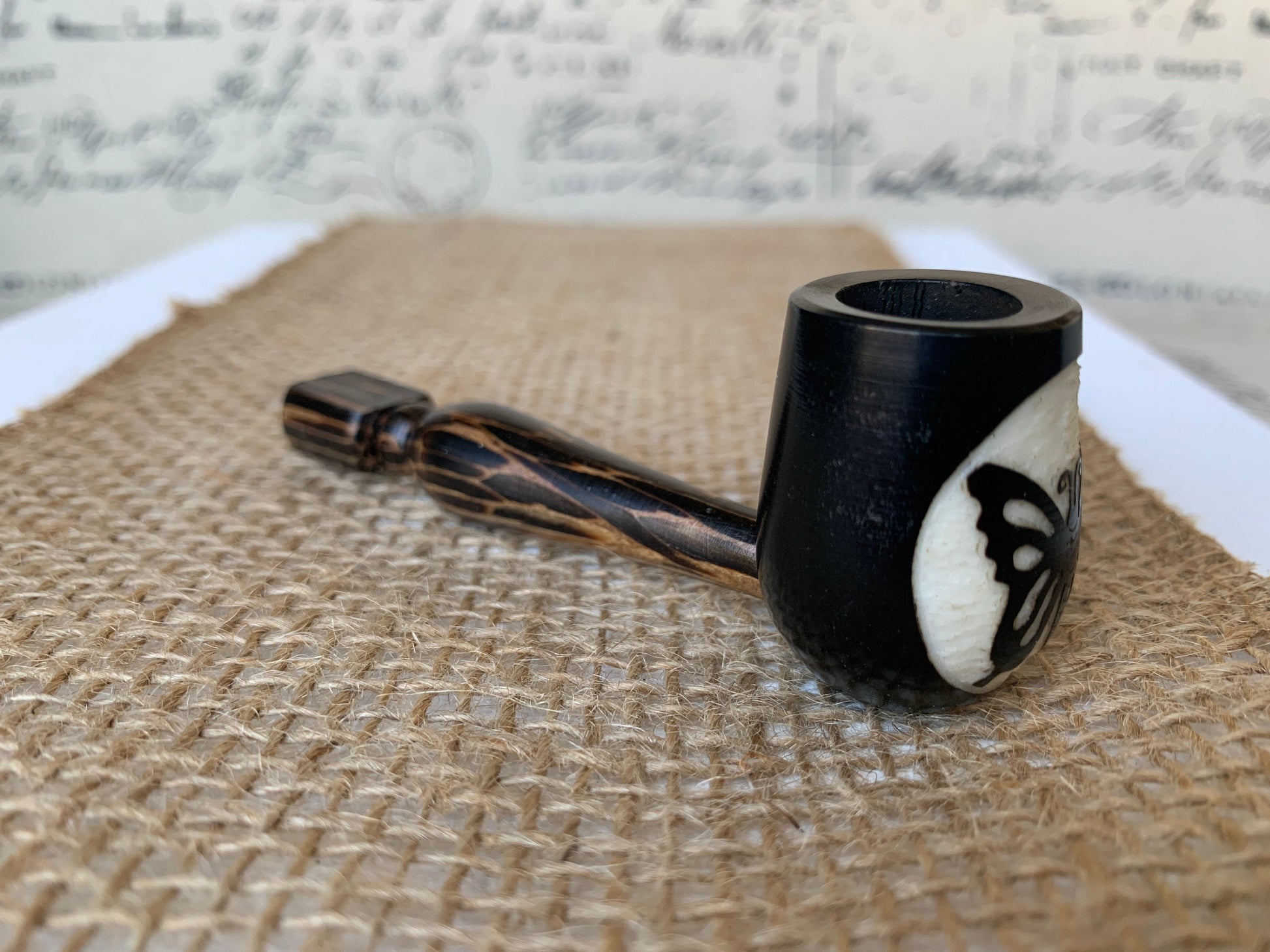 Butterfly smoking pipe Hand carved wooden smoking bowl Handmade tagua nut and wood Sacred animals tribal pocket pipe Artisan made in Ecuador
