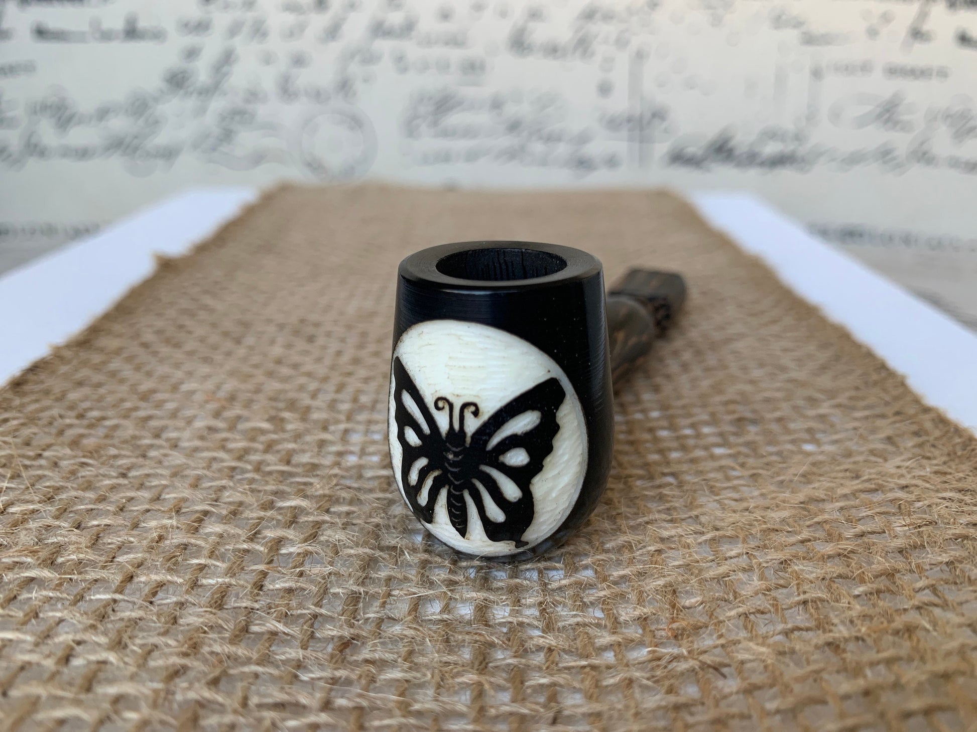 Butterfly smoking pipe Hand carved wooden smoking bowl Handmade tagua nut and wood Sacred animals tribal pocket pipe Artisan made in Ecuador