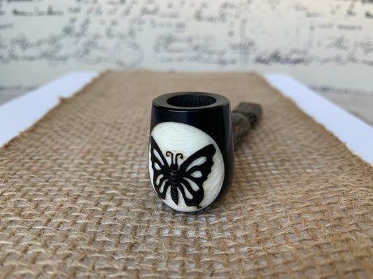Butterfly smoking pipe Hand carved wooden smoking bowl Handmade tagua nut and wood Sacred animals tribal pocket pipe Artisan made in Ecuador