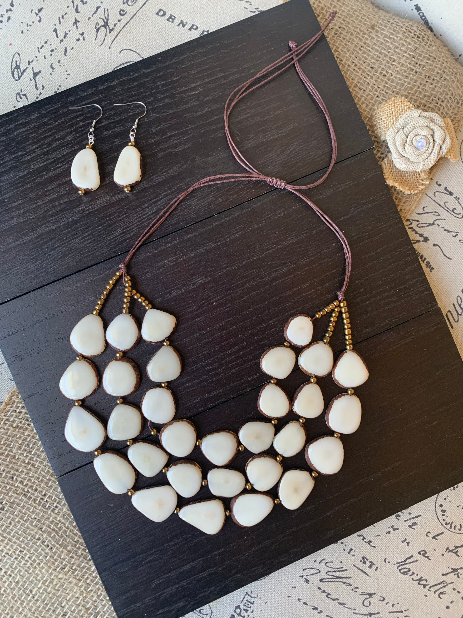 White statement necklace and earrings set Tagua jewelry 14 year gift anniversary for wife Ivory anniversary gifts for her Fall fashion