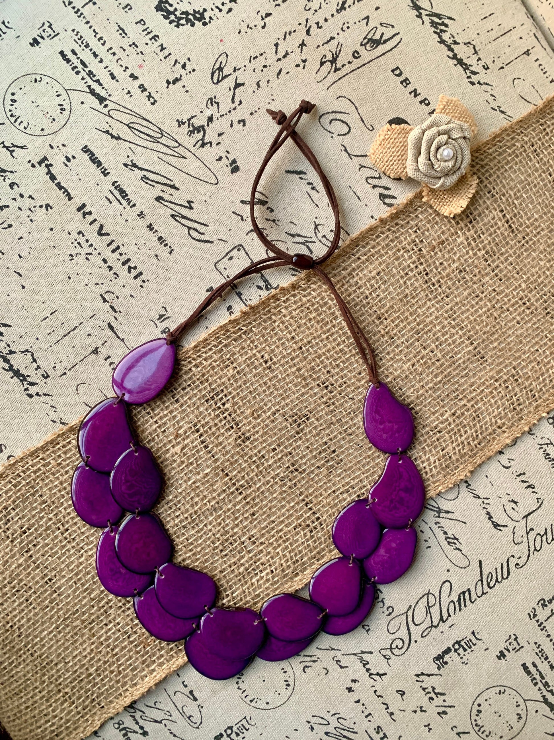 Purple statement necklace Tagua jewelry Big bold necklaces Adjustable cord Double strand necklace Wearable art Fall fashion Artsy gifts