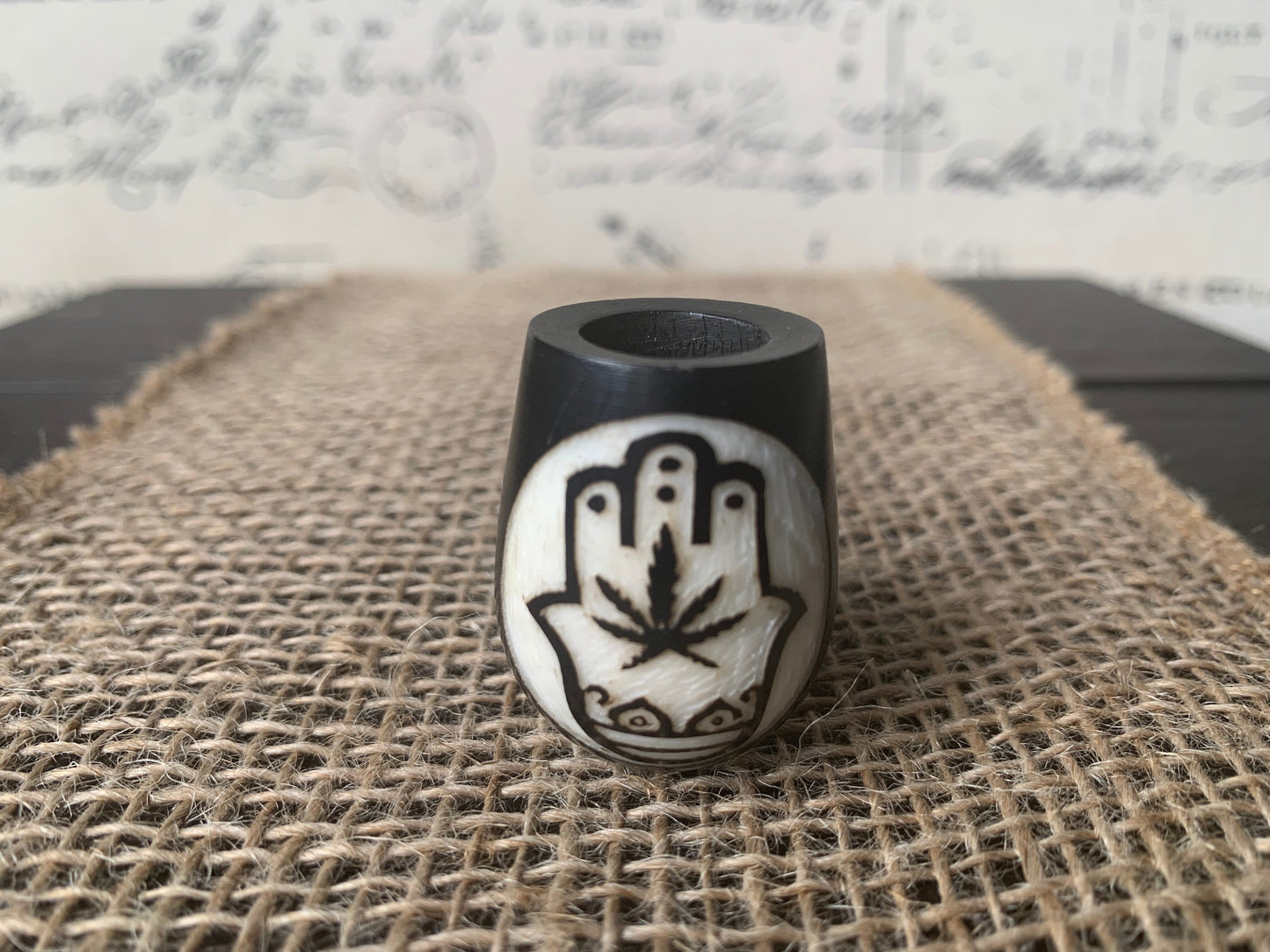 Hamsa hand and plant smoking pipe Handcrafted smoking bowl Handmade tagua nut and wood One of a kind tribal hand pipe Spirituality accessory