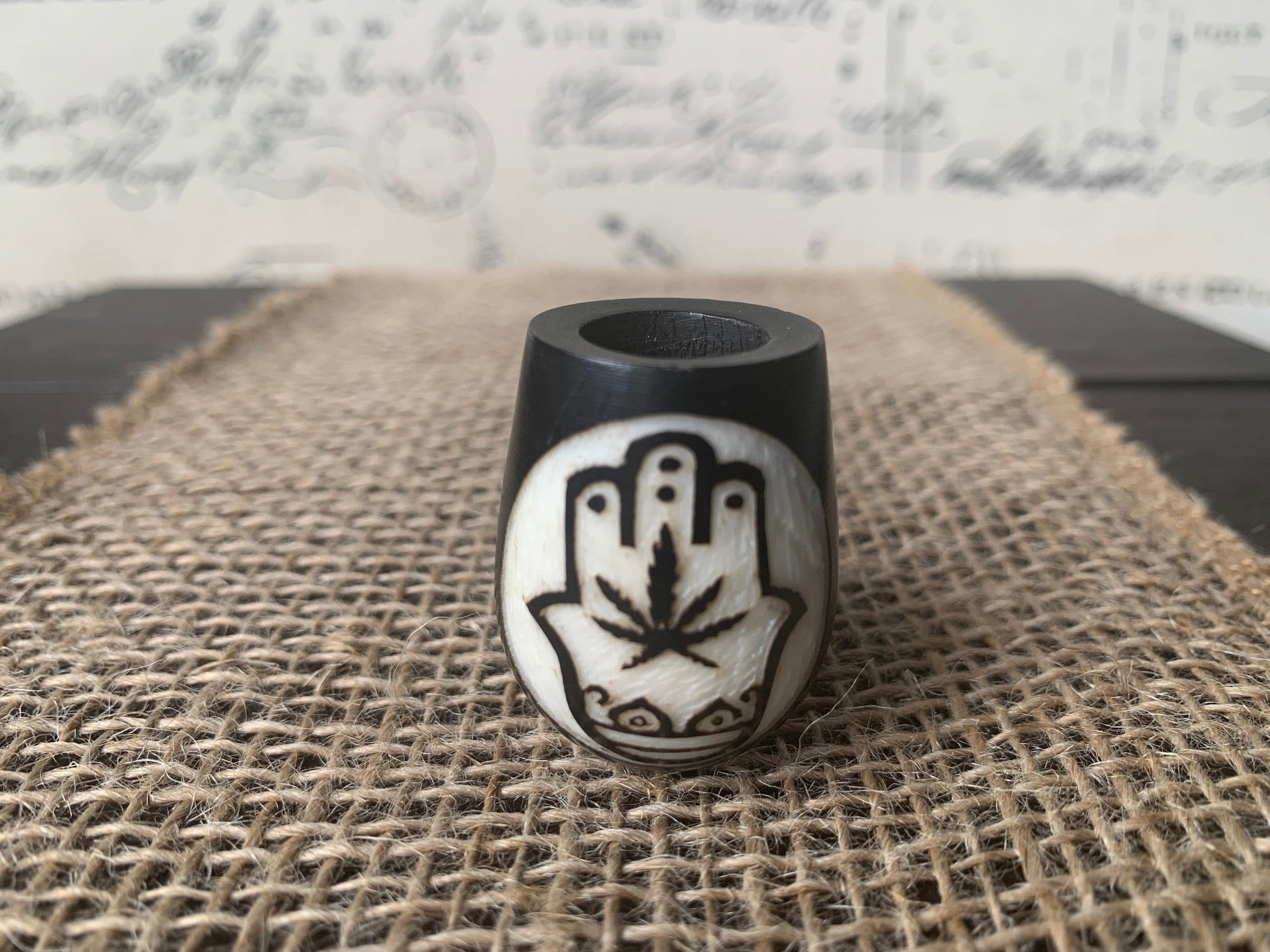 Hamsa hand and plant smoking pipe Handcrafted smoking bowl Handmade tagua nut and wood One of a kind tribal hand pipe Spirituality accessory