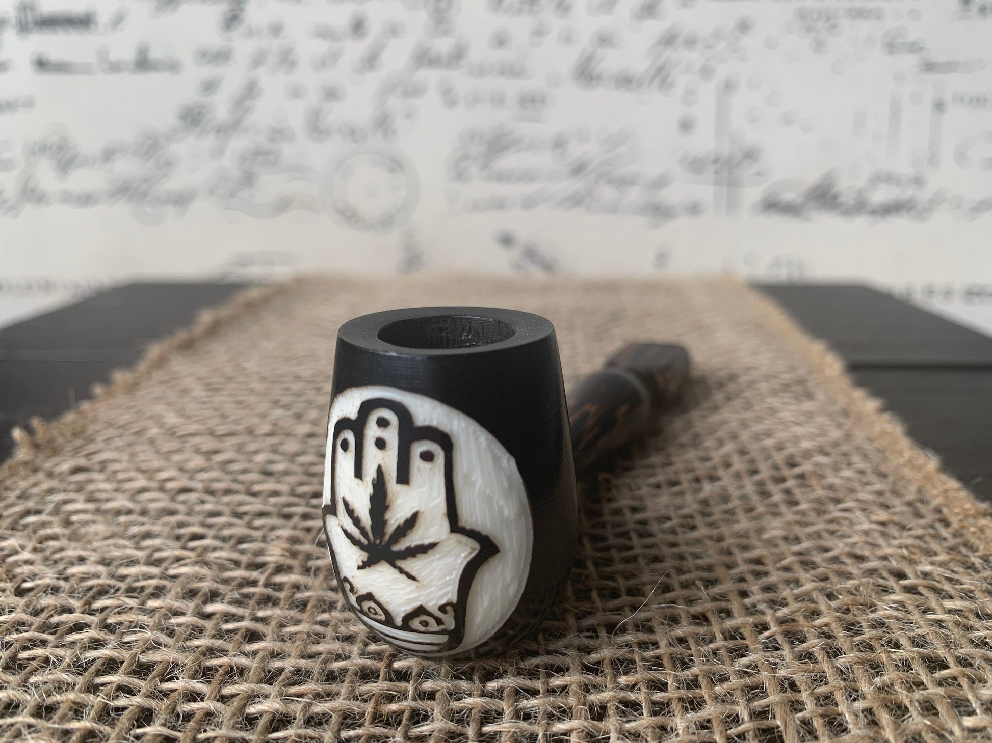 Hamsa hand and plant smoking pipe Handcrafted smoking bowl Handmade tagua nut and wood One of a kind tribal hand pipe Spirituality accessory