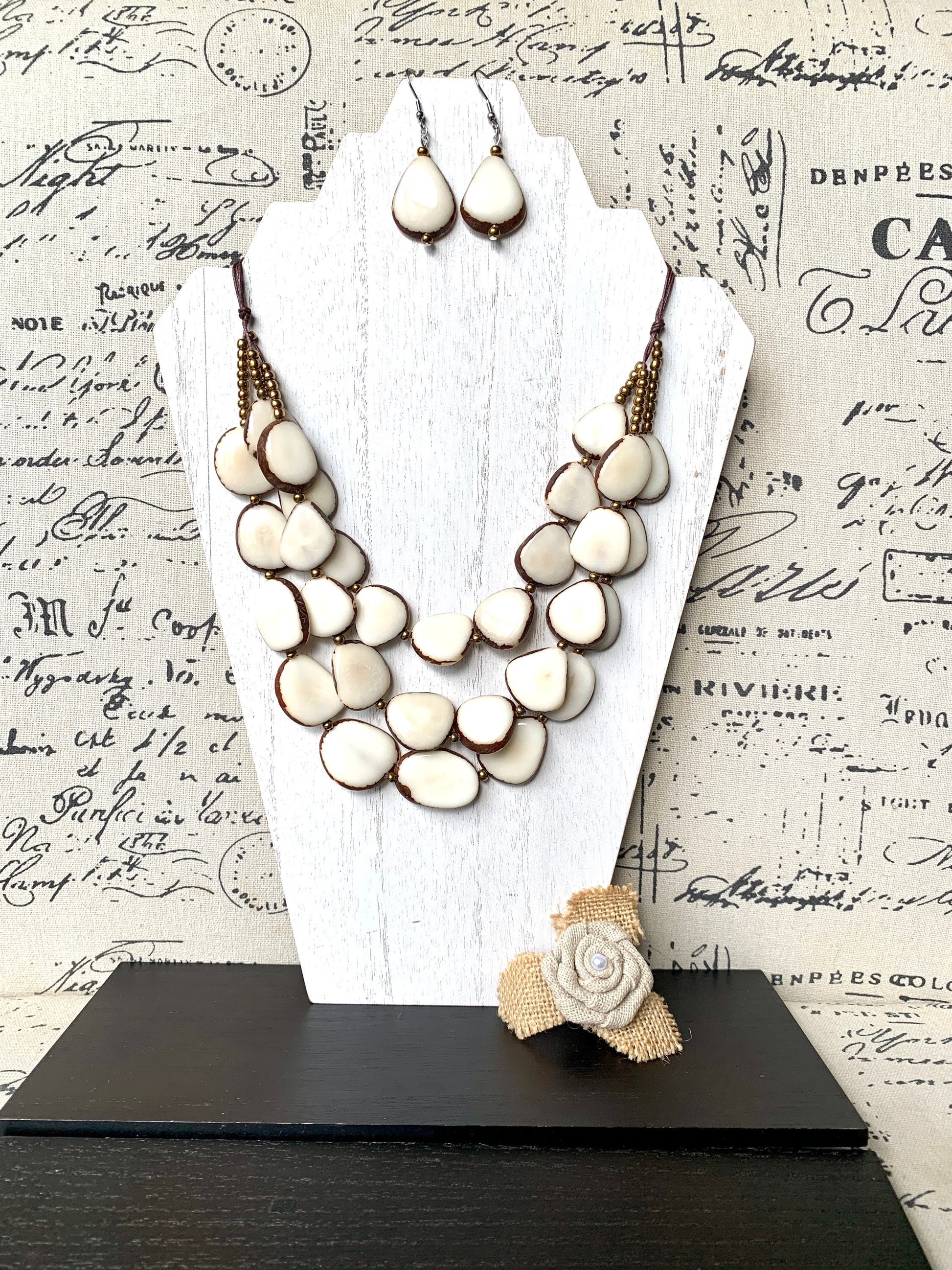 White statement necklace and earrings set Tagua jewelry 14 year gift anniversary for wife Ivory anniversary gifts for her Fall fashion