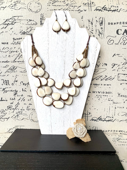 White statement necklace and earrings set Tagua jewelry 14 year gift anniversary for wife Ivory anniversary gifts for her Fall fashion