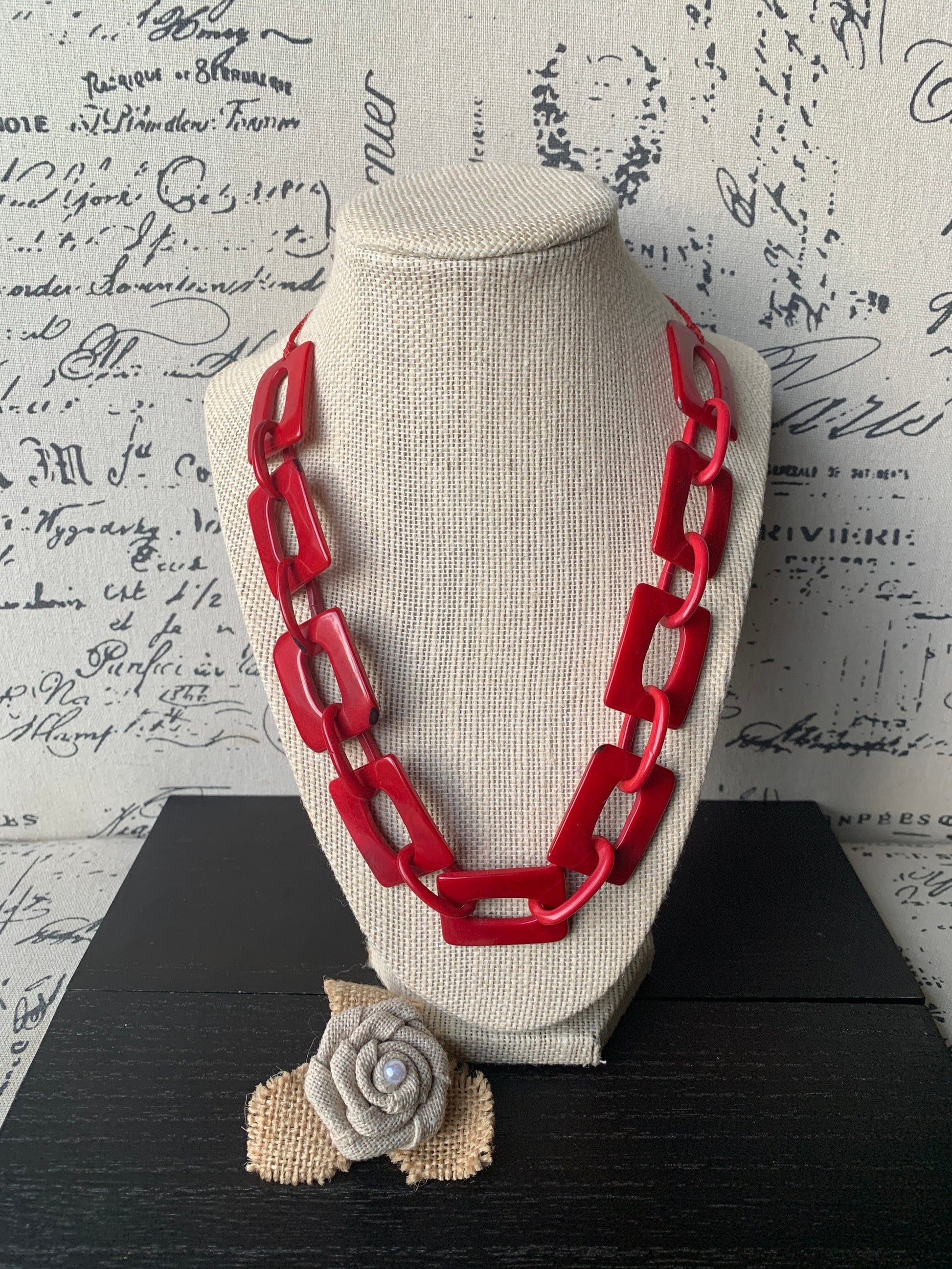 Red chain link necklace Tagua jewelry Christmas fashion Geometric beaded jewelry Adjustable cord Wearable art Holiday gift for her