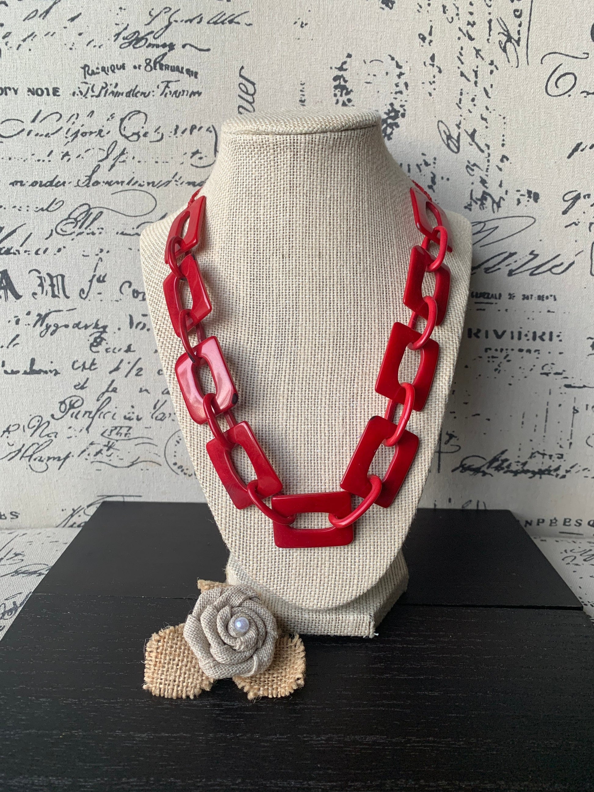 Red chain link necklace Tagua jewelry Christmas fashion Geometric beaded jewelry Adjustable cord Wearable art Holiday gift for her