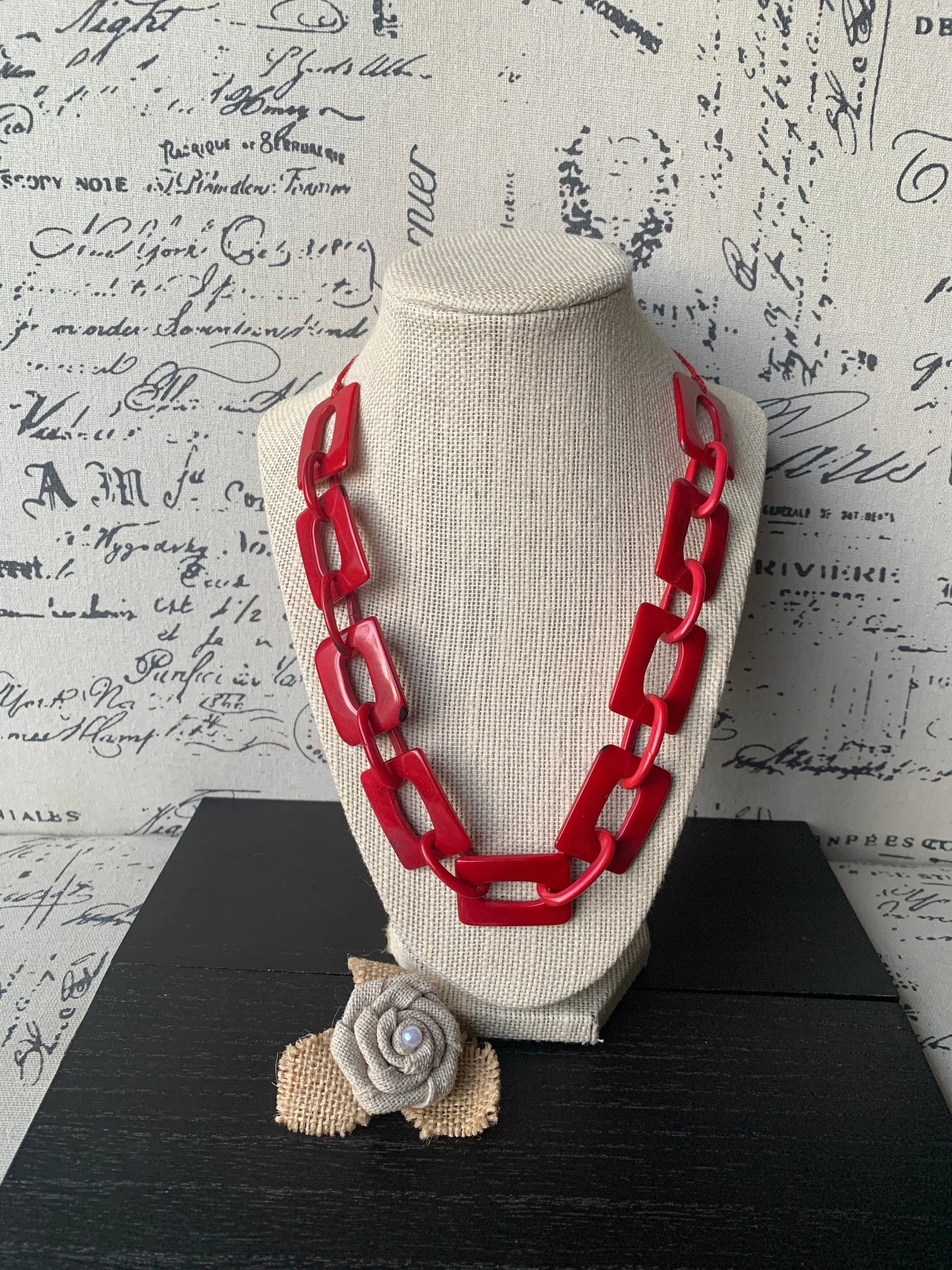 Red chain link necklace Tagua jewelry Christmas fashion Geometric beaded jewelry Adjustable cord Wearable art Holiday gift for her
