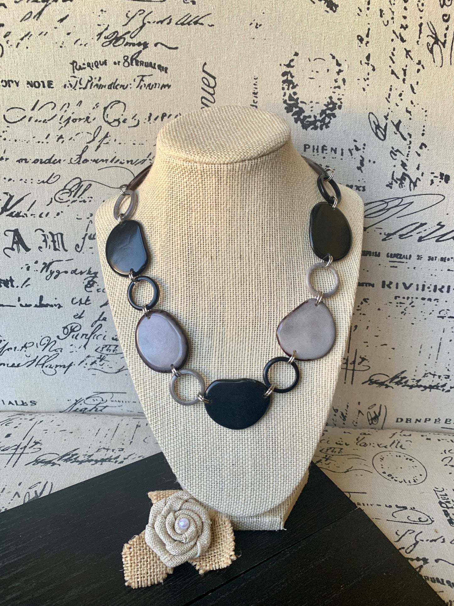 Black and gray necklace Tagua jewelry Statement jewelry Artsy gifts Art to wear Beaded chocker Fall fashion 2025s Statement handmade bib