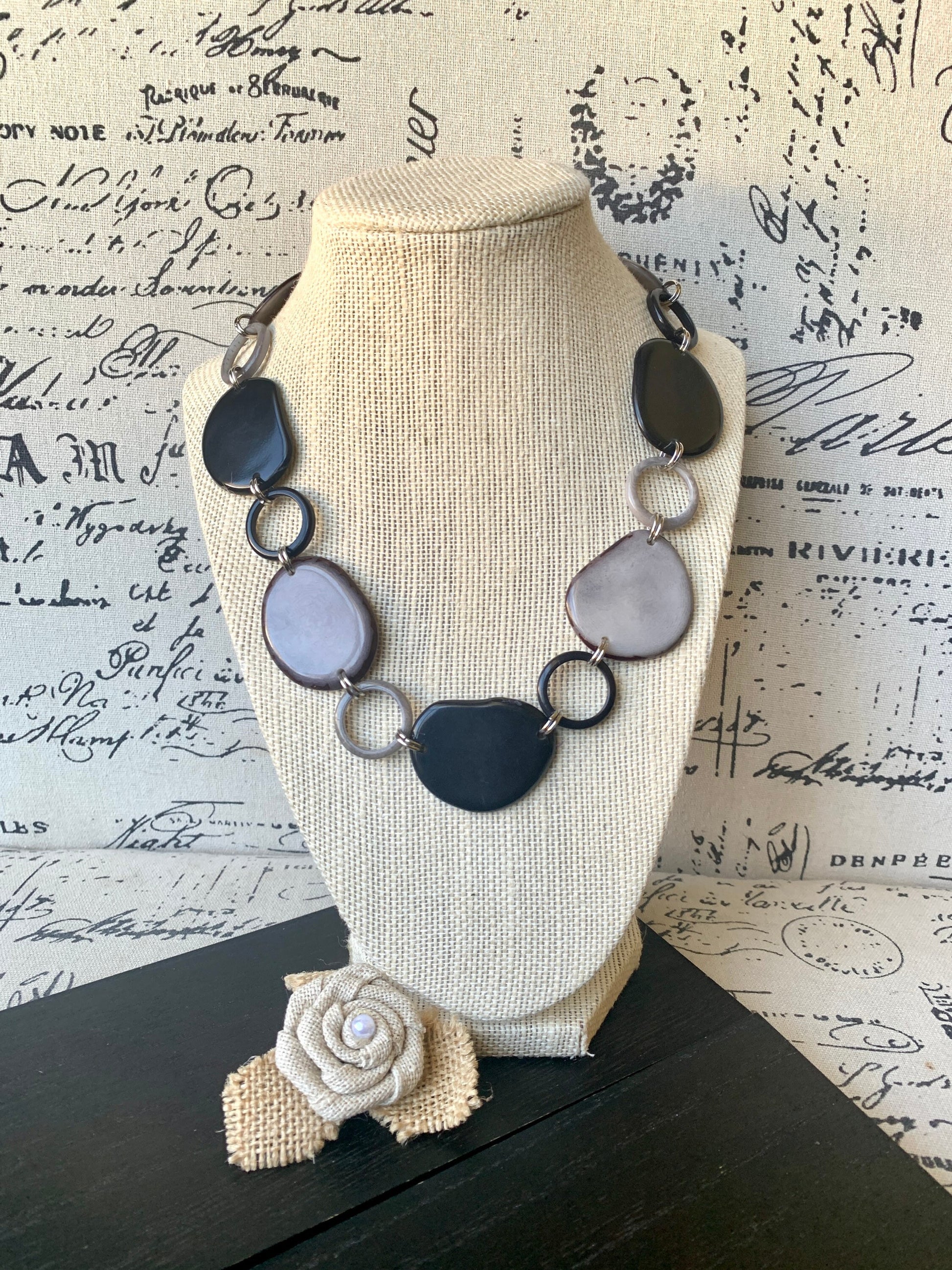 Black and gray necklace Tagua jewelry Statement jewelry Artsy gifts Art to wear Beaded chocker Fall fashion 2025s Statement handmade bib