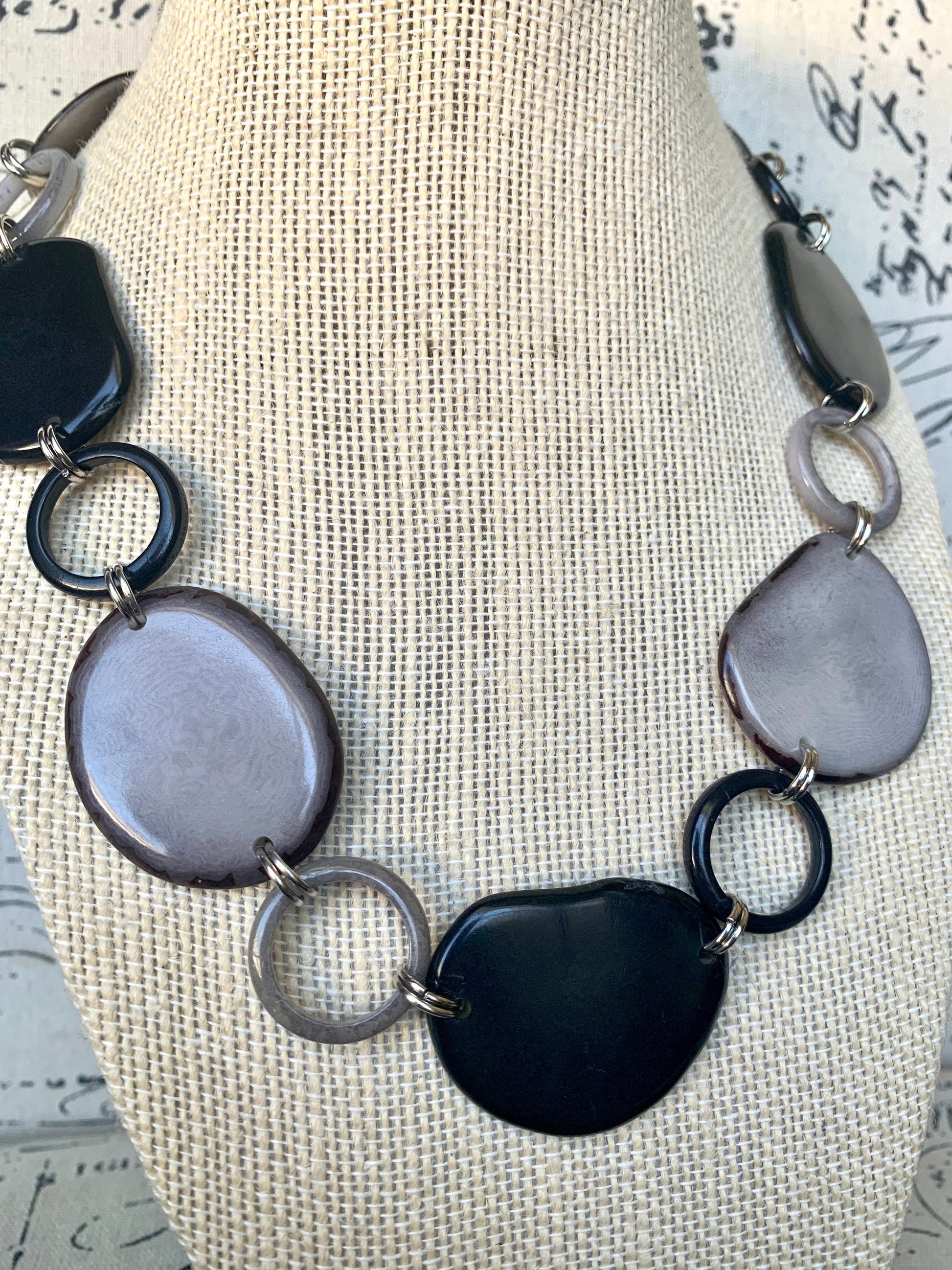 Black and gray necklace Tagua jewelry Statement jewelry Artsy gifts Art to wear Beaded chocker Fall fashion 2025s Statement handmade bib