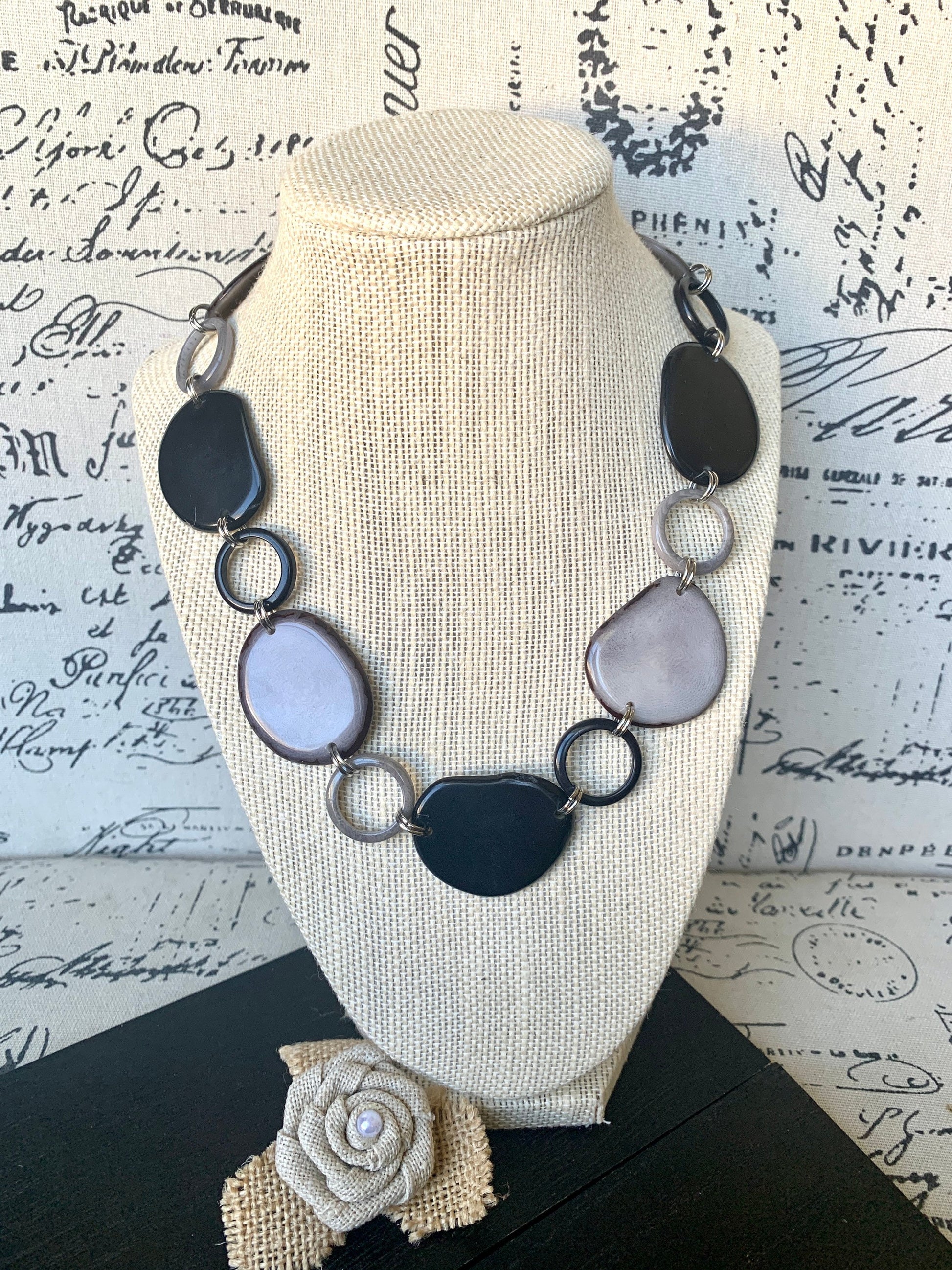 Black and gray necklace Tagua jewelry Statement jewelry Artsy gifts Art to wear Beaded chocker Fall fashion 2025s Statement handmade bib