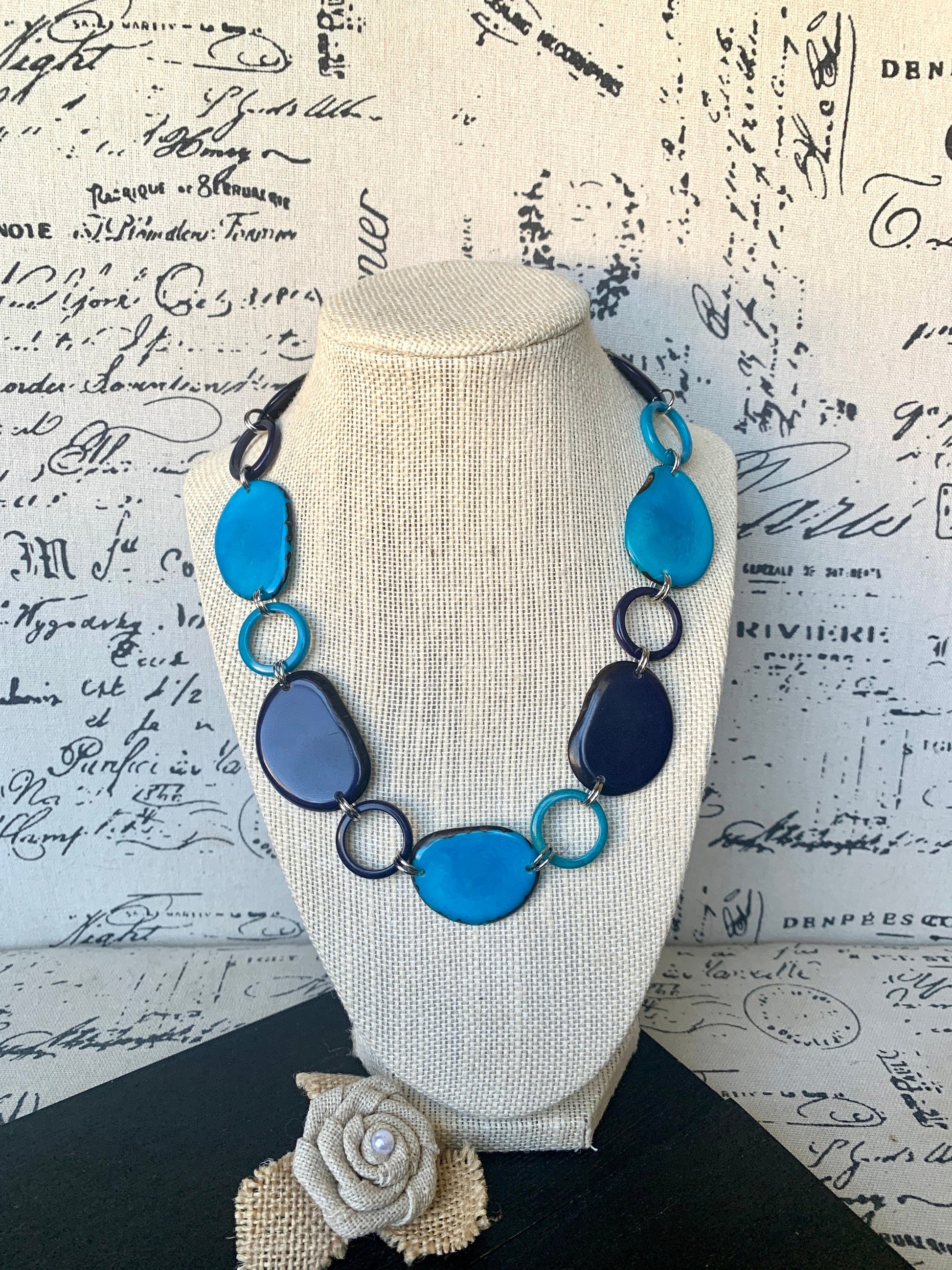 Turquoise blue necklace Tagua jewelry Short beaded necklace Fashionable gifts Trendy jewelry for women Wearable art Mothers day gifts