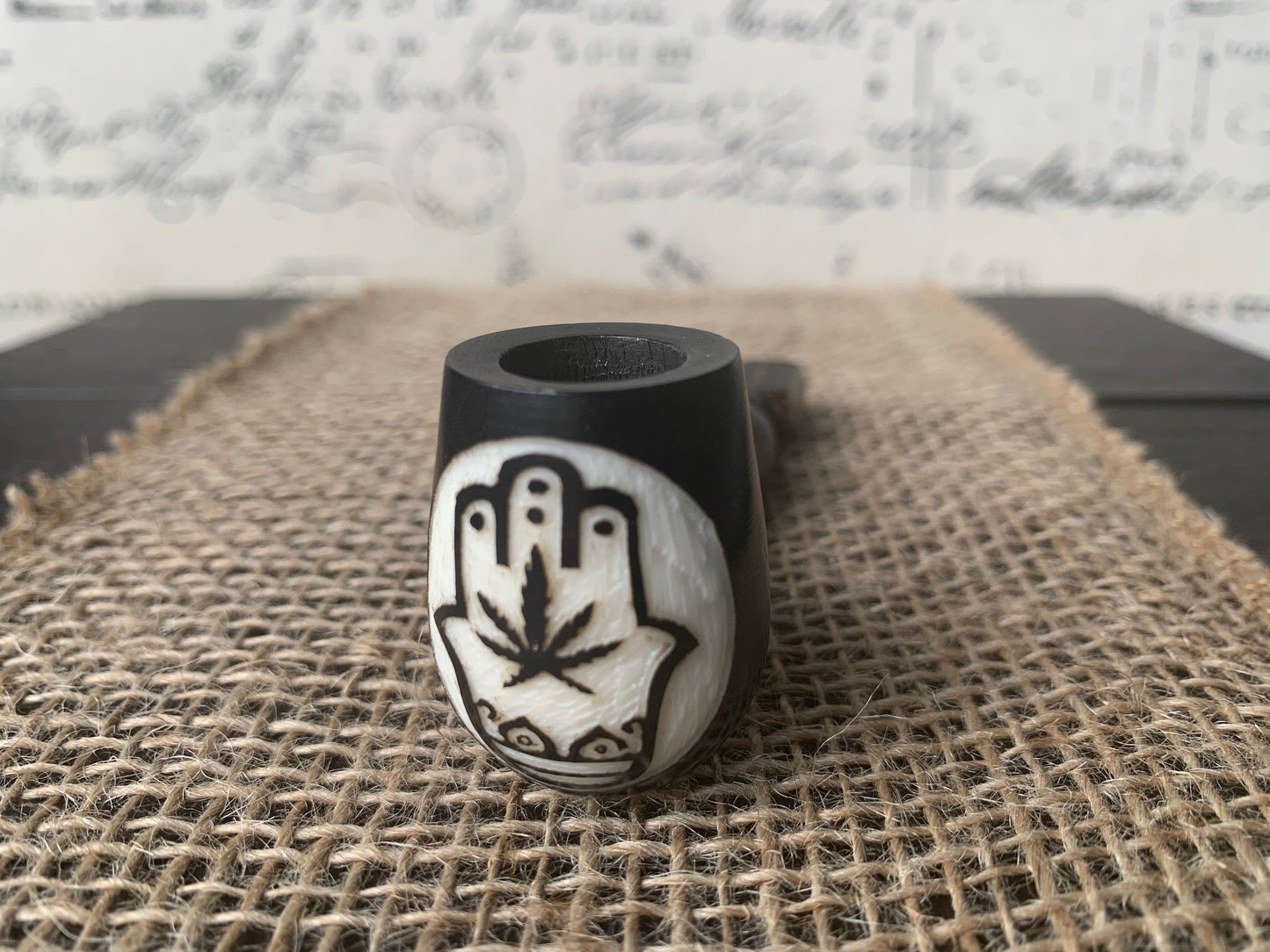 Hamsa hand and plant smoking pipe Handcrafted smoking bowl Handmade tagua nut and wood One of a kind tribal hand pipe Spirituality accessory