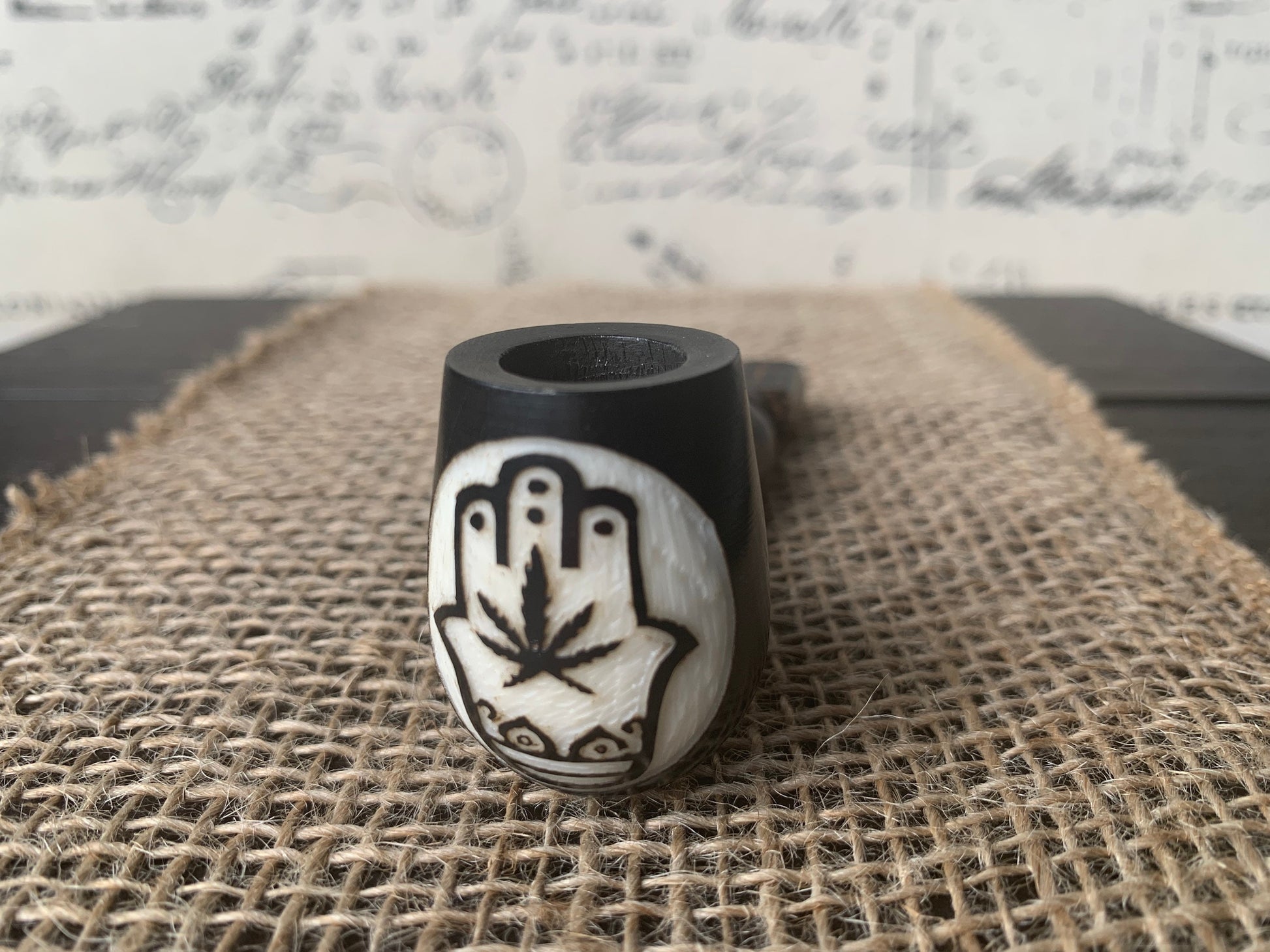 Hamsa hand and plant smoking pipe Handcrafted smoking bowl Handmade tagua nut and wood One of a kind tribal hand pipe Spirituality accessory