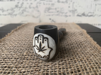 Hamsa hand and plant smoking pipe Handcrafted smoking bowl Handmade tagua nut and wood One of a kind tribal hand pipe Spirituality accessory