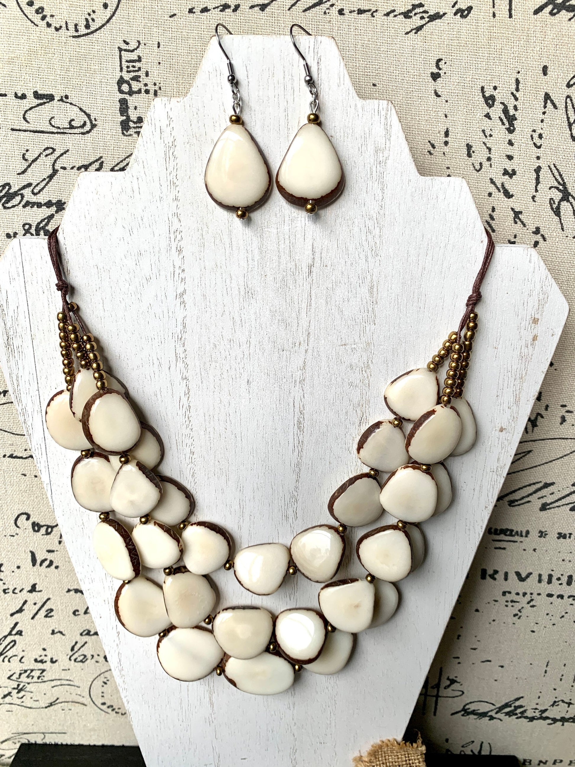 White statement necklace and earrings set Tagua jewelry 14 year gift anniversary for wife Ivory anniversary gifts for her Fall fashion