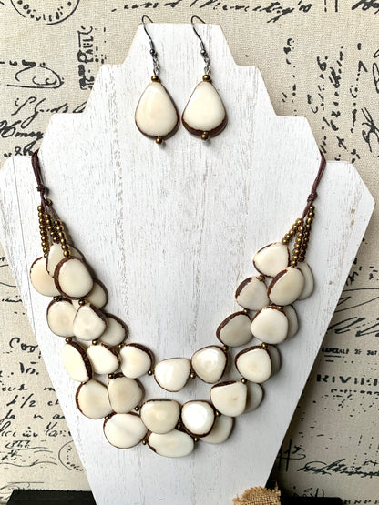 White statement necklace and earrings set Tagua jewelry 14 year gift anniversary for wife Ivory anniversary gifts for her Fall fashion
