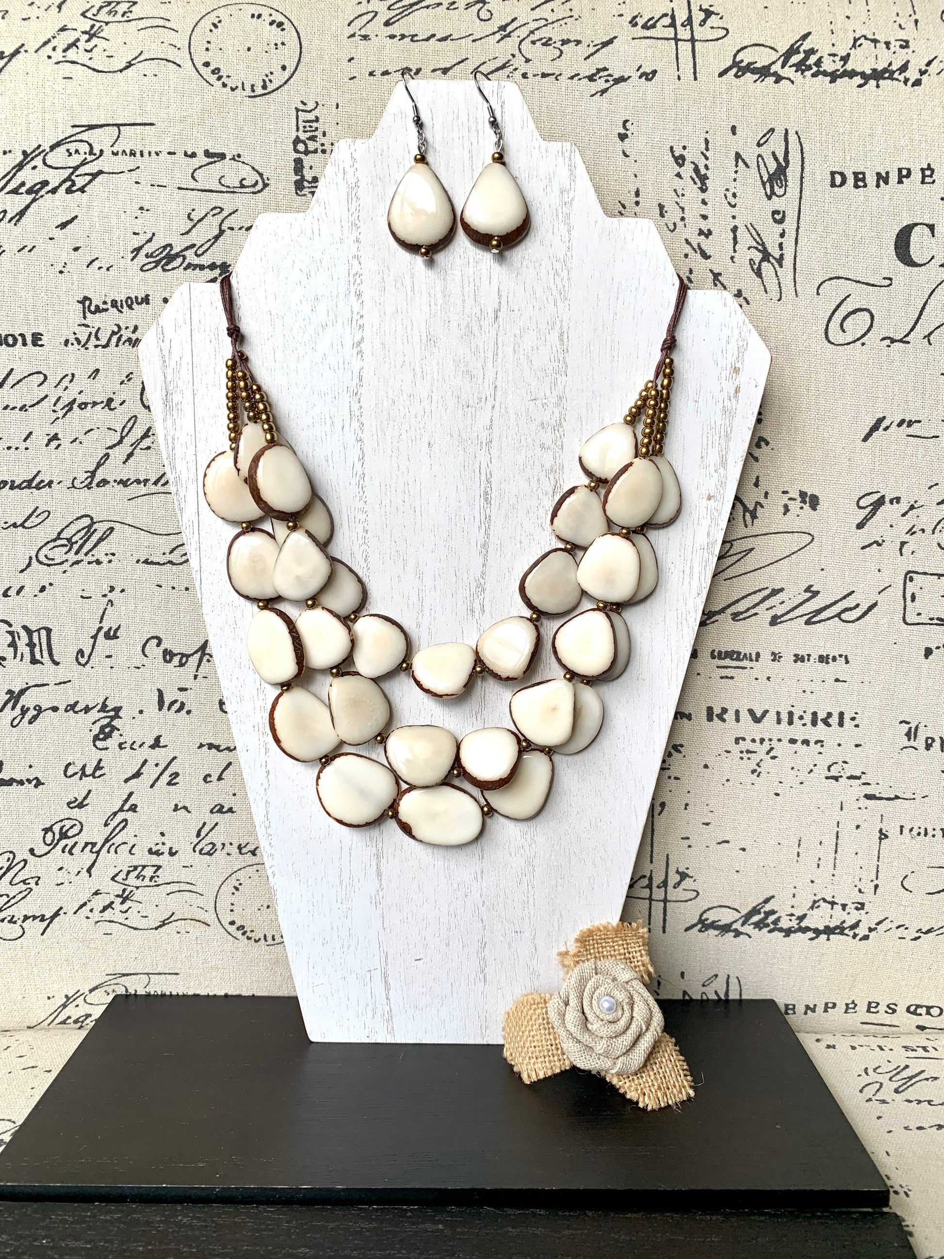 White statement necklace and earrings set Tagua jewelry 14 year gift anniversary for wife Ivory anniversary gifts for her Fall fashion