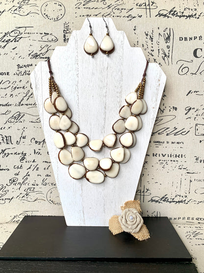 White statement necklace and earrings set Tagua jewelry 14 year gift anniversary for wife Ivory anniversary gifts for her Fall fashion