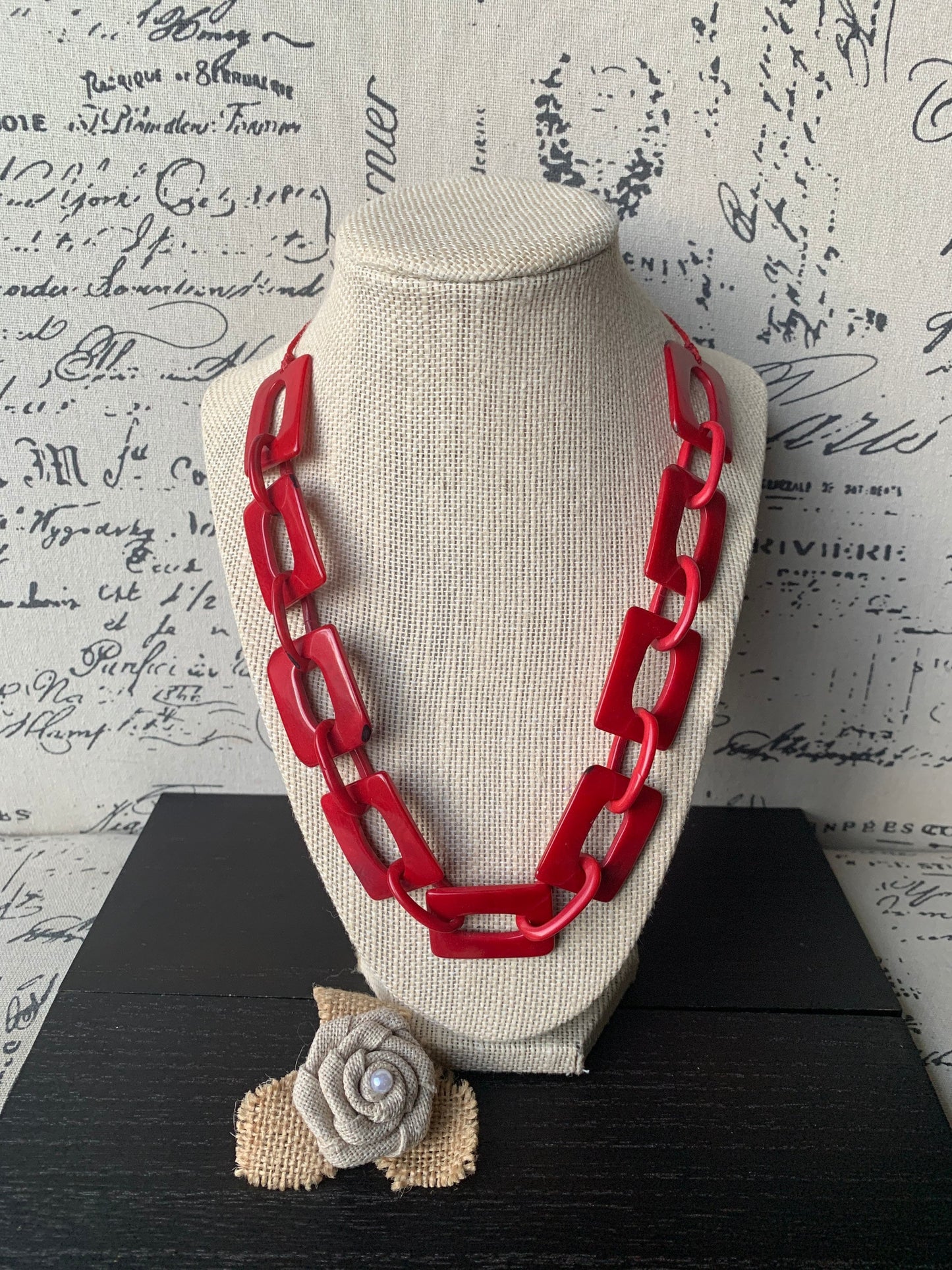 Red chain link necklace Tagua jewelry Christmas fashion Geometric beaded jewelry Adjustable cord Wearable art Holiday gift for her