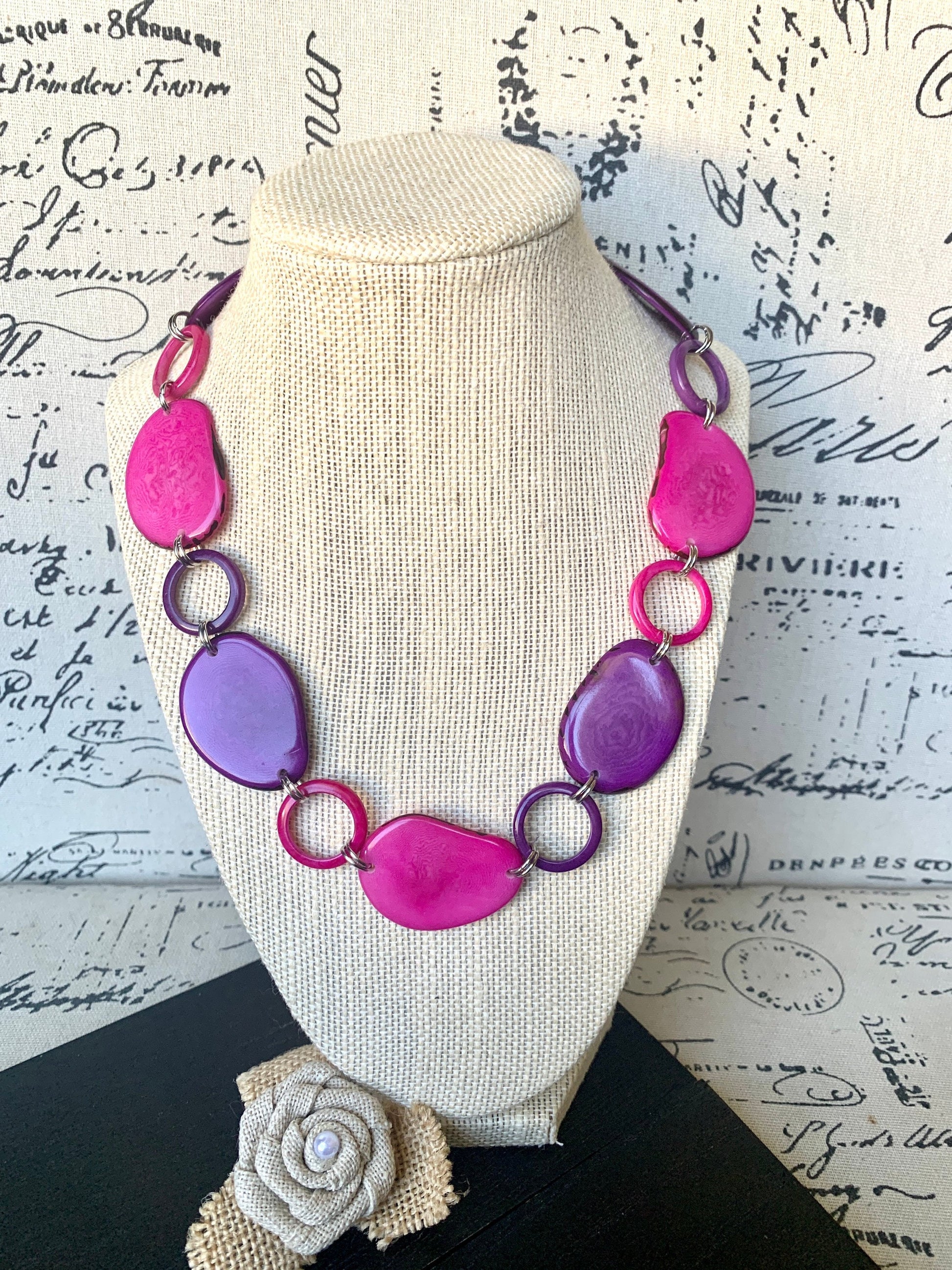 Pink and purple necklace Tagua jewelry Statement lightweight jewelry Short necklace Art to wear Mothers day gifts Sustainable fashion