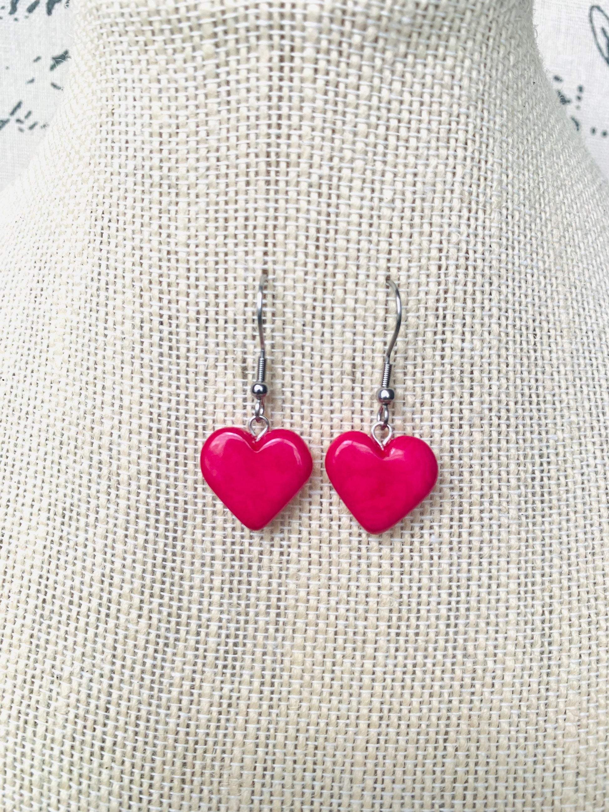 Hot pink heart earrings Mothers day gifts Love earrings Handmade heart shaped earrings Wearable art Dangle and drop earrings Artsy gifts
