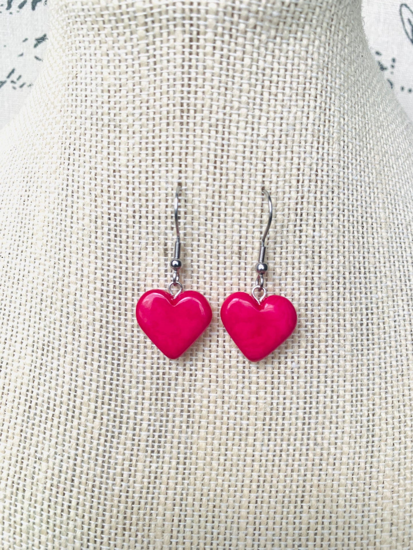Hot pink heart earrings Fall fashion 2025s Love earrings Handmade heart shaped earrings Wearable art Dangle and drop earrings Artsy gifts