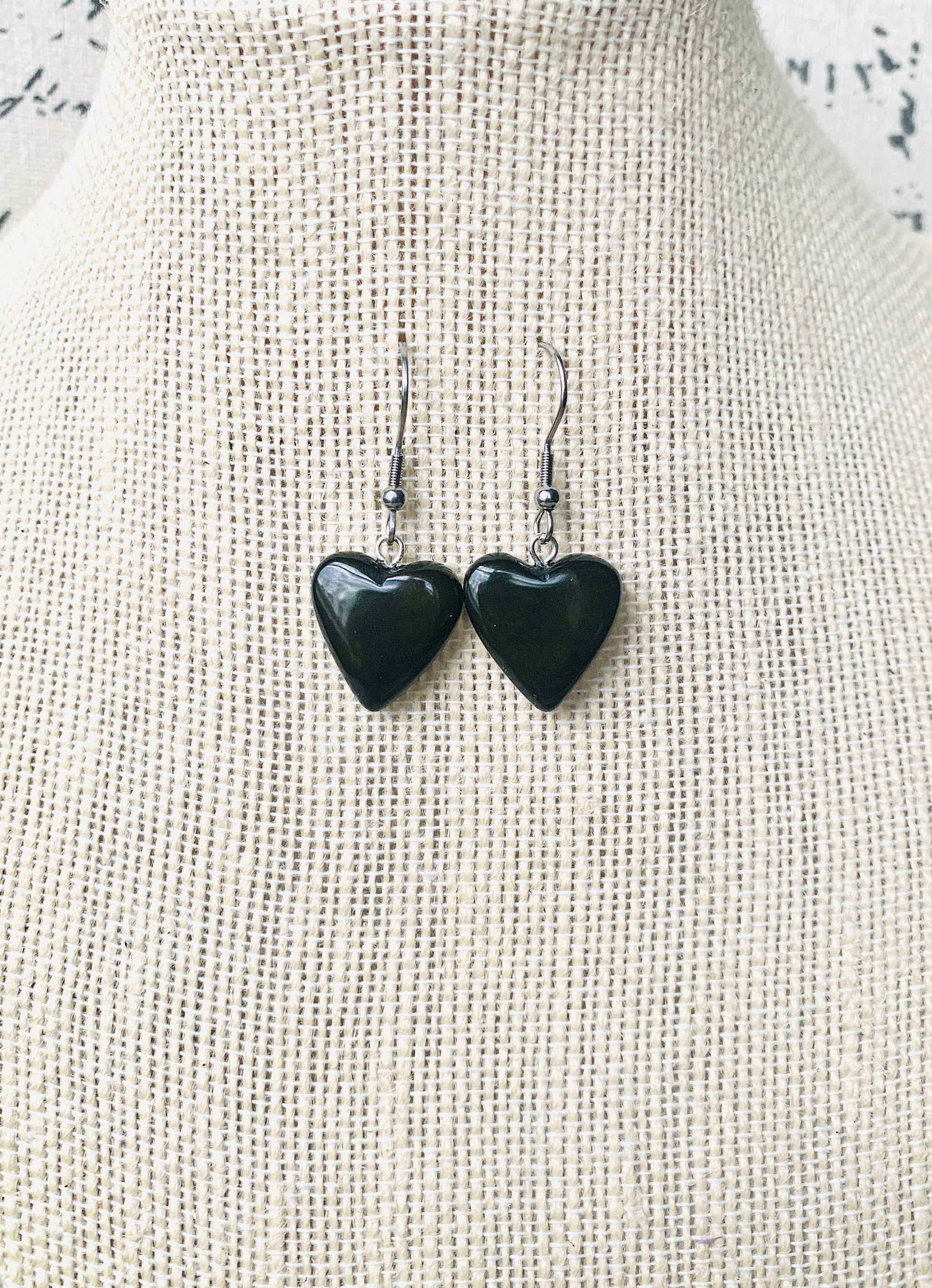 Black dangle earrings Heart shape earrings Handmade beaded earrings Mother’s Day gifts Tagua nut jewelry Art to wear Hypoallergenic earrings
