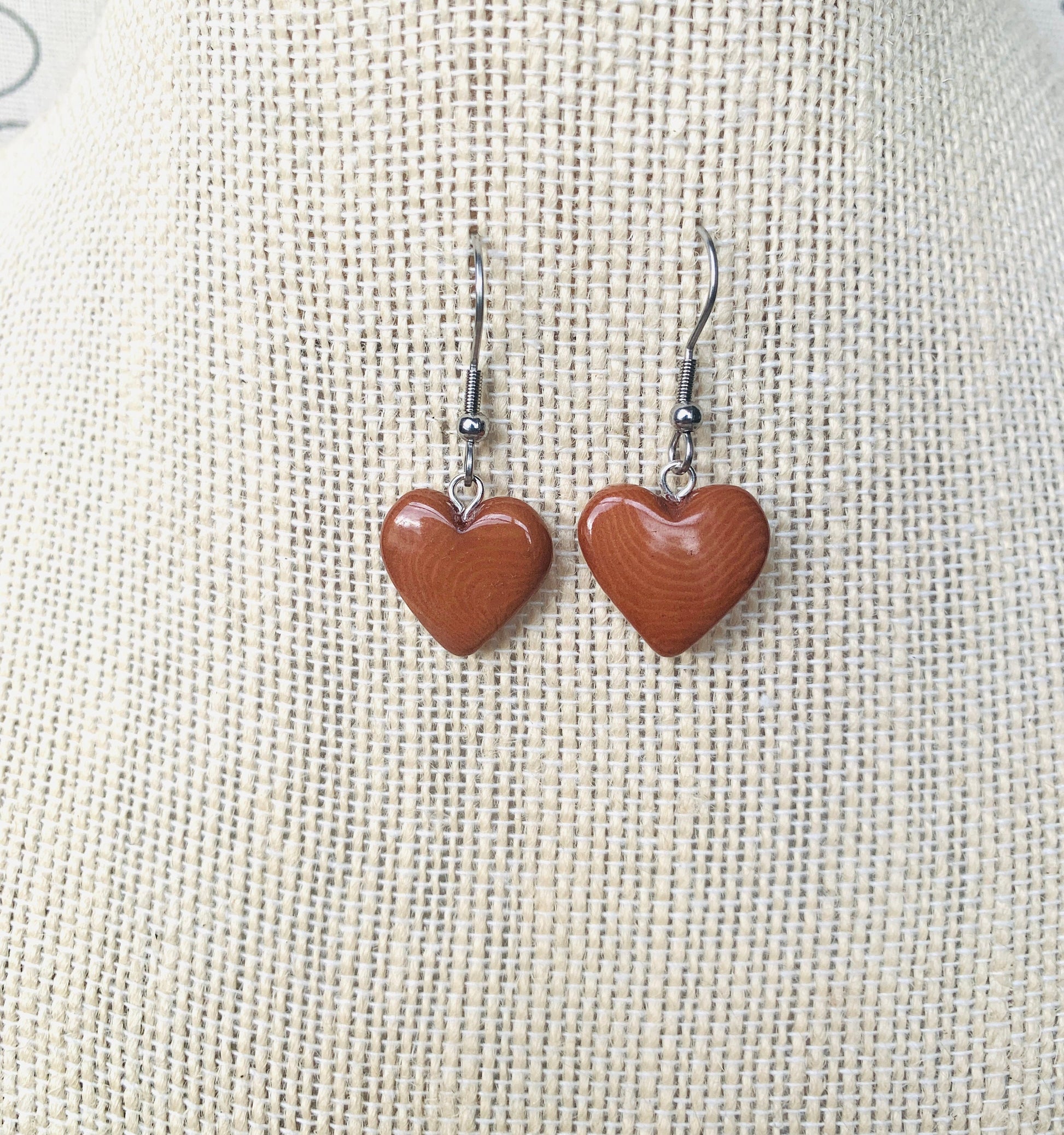 Brown dangle earrings Heart shape earrings Love earrings Tagua jewelry Fall fashion Artisan handmade Art to wear Hypoallergenic earrings
