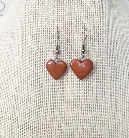 Brown dangle earrings Heart shape earrings Love earrings Tagua jewelry Fall fashion Artisan handmade Art to wear Hypoallergenic earrings