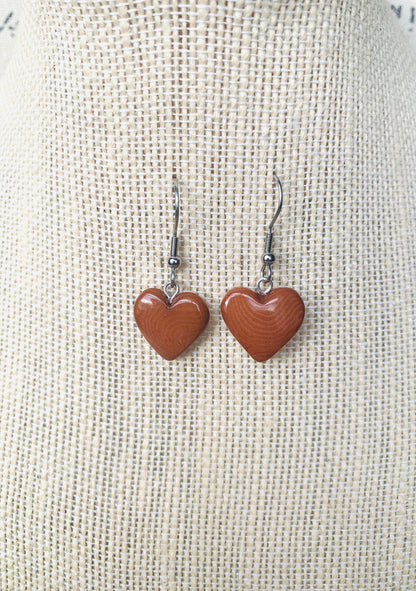 Brown dangle earrings Heart shape earrings Love earrings Tagua jewelry Fall fashion Artisan handmade Art to wear Hypoallergenic earrings