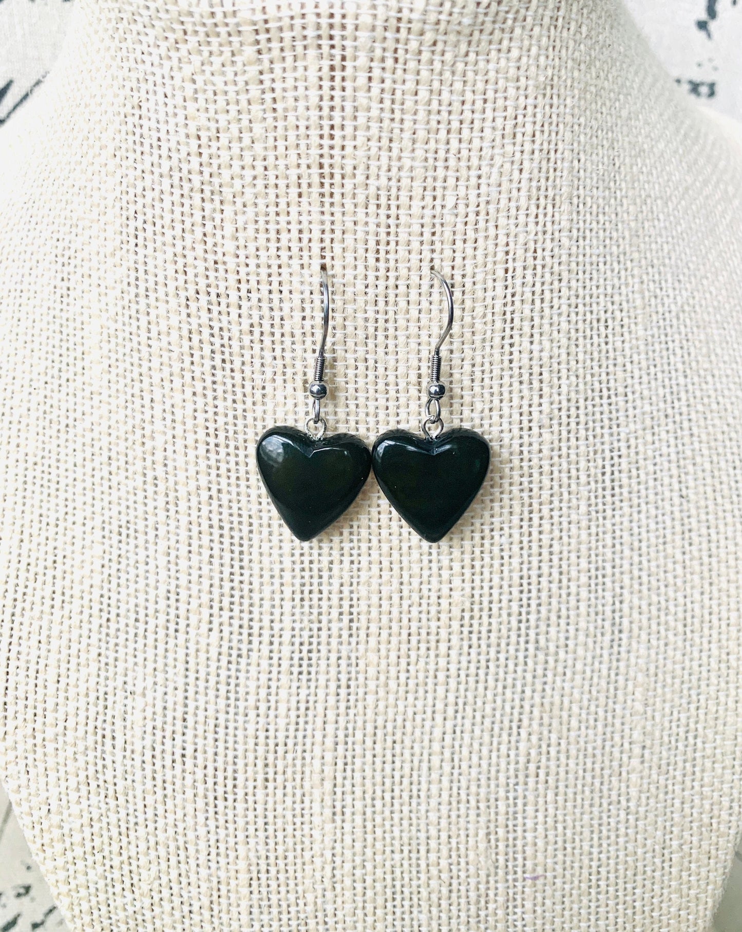 Black dangle earrings Heart shape earrings Handmade beaded earrings Mother’s Day gifts Tagua nut jewelry Art to wear Hypoallergenic earrings