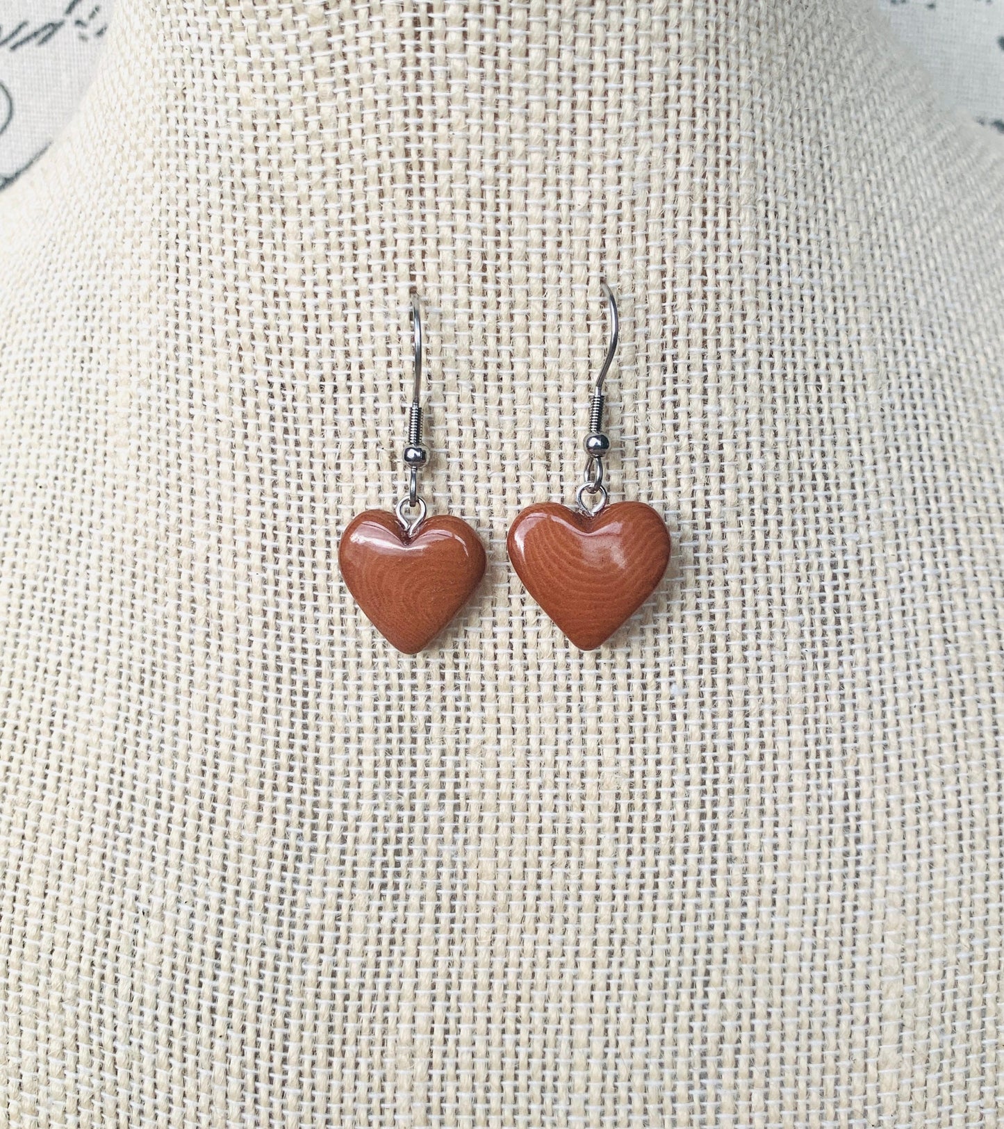 Brown dangle earrings Heart shape earrings Love earrings Tagua jewelry Fall fashion Artisan handmade Art to wear Hypoallergenic earrings