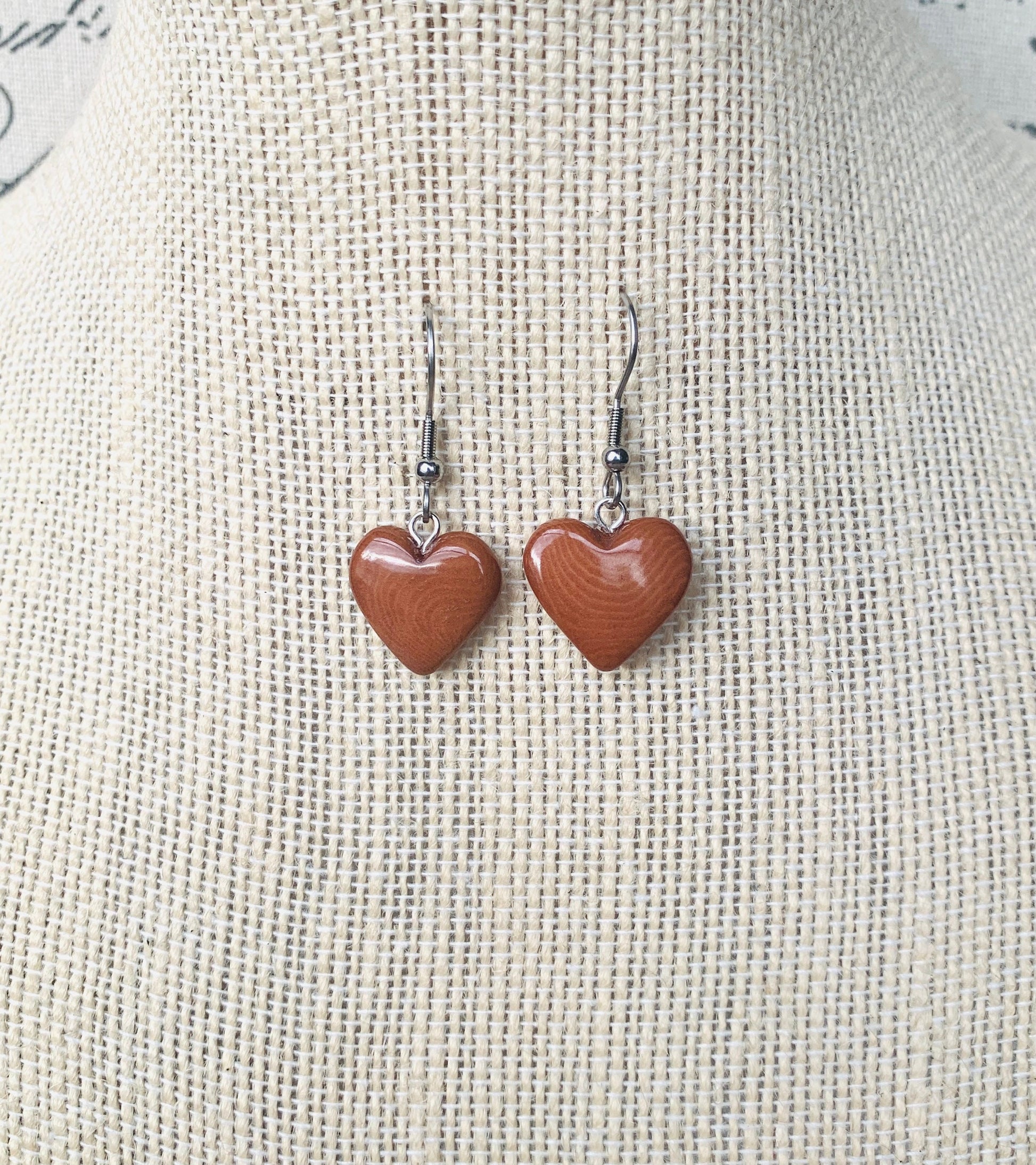Brown dangle earrings Heart shape earrings Love earrings Tagua jewelry Fall fashion Artisan handmade Art to wear Hypoallergenic earrings