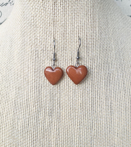 Brown dangle earrings Heart shape earrings Love earrings Tagua jewelry Fall fashion Artisan handmade Art to wear Hypoallergenic earrings