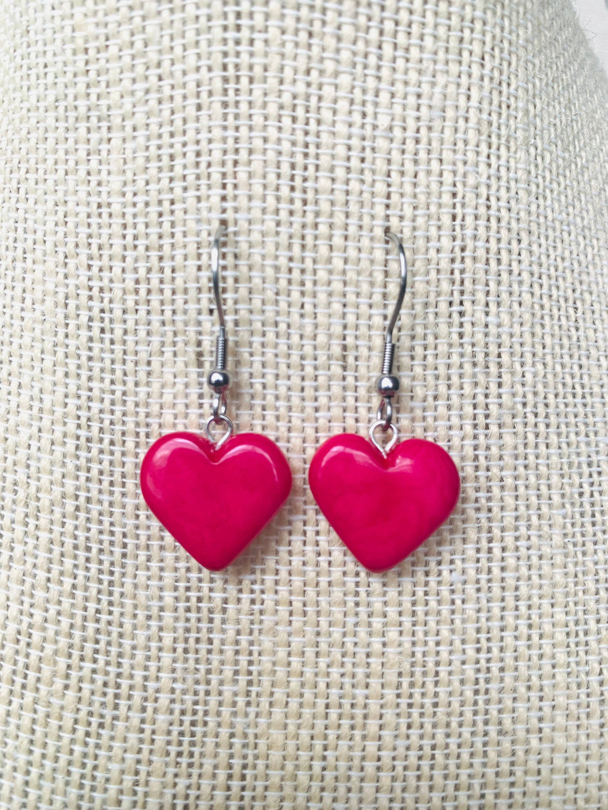 Hot pink heart earrings Fall fashion 2025s Love earrings Handmade heart shaped earrings Wearable art Dangle and drop earrings Artsy gifts