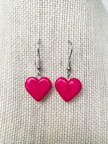 Hot pink heart earrings Fall fashion 2025s Love earrings Handmade heart shaped earrings Wearable art Dangle and drop earrings Artsy gifts