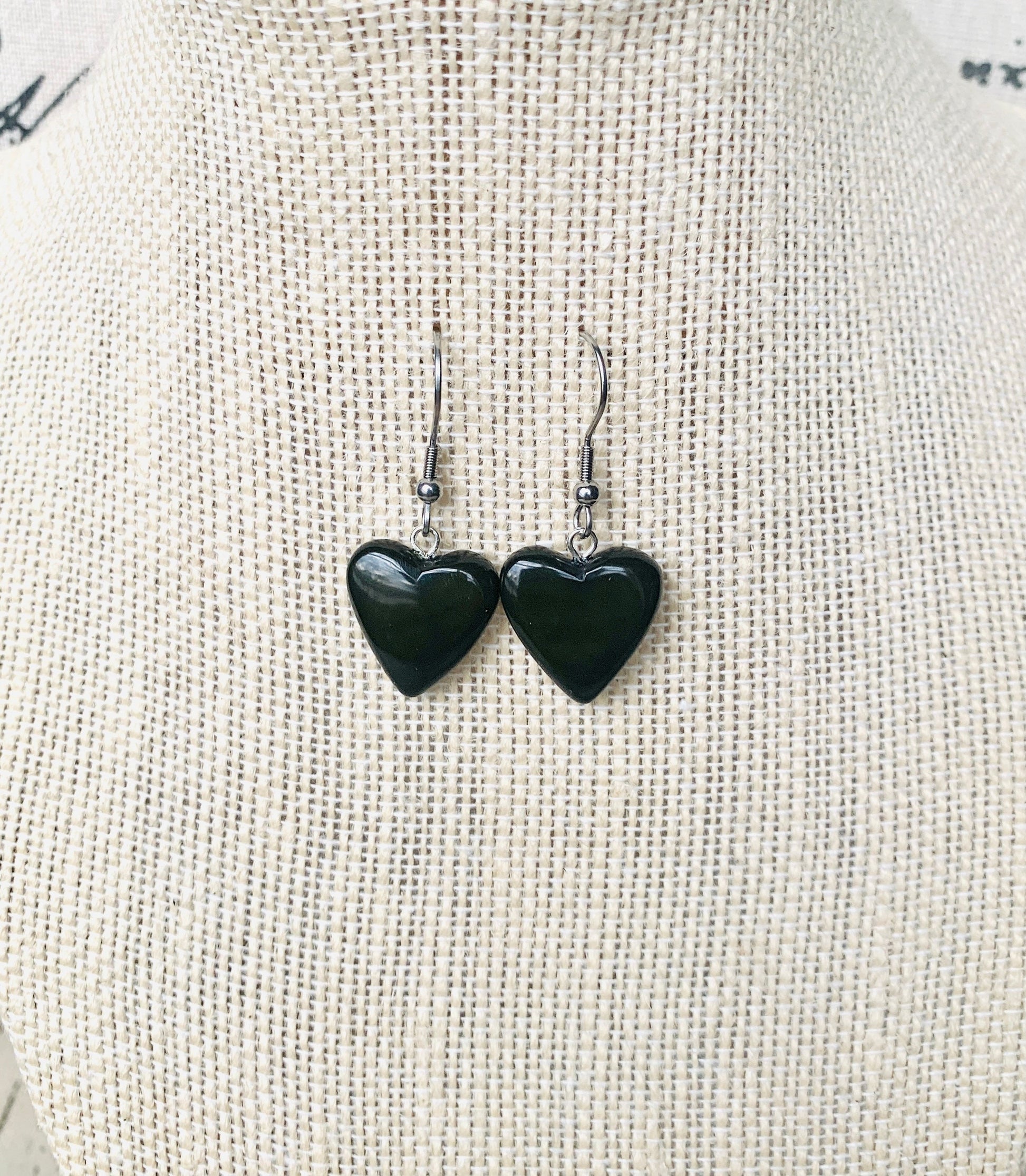 Black dangle earrings Heart shape earrings Handmade beaded earrings Mother’s Day gifts Tagua nut jewelry Art to wear Hypoallergenic earrings