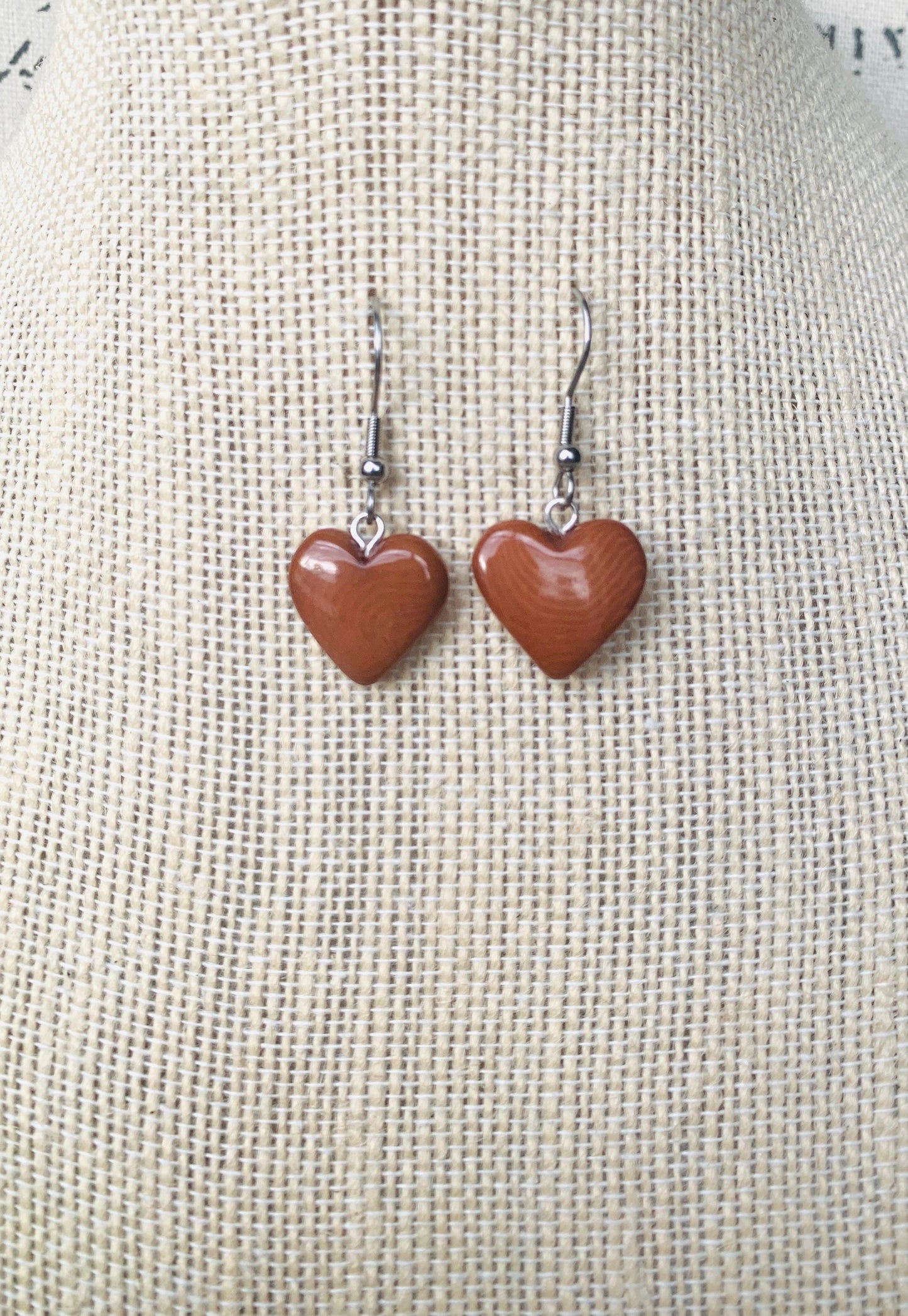 Brown dangle earrings Heart shape earrings Love earrings Tagua jewelry Fall fashion Artisan handmade Art to wear Hypoallergenic earrings
