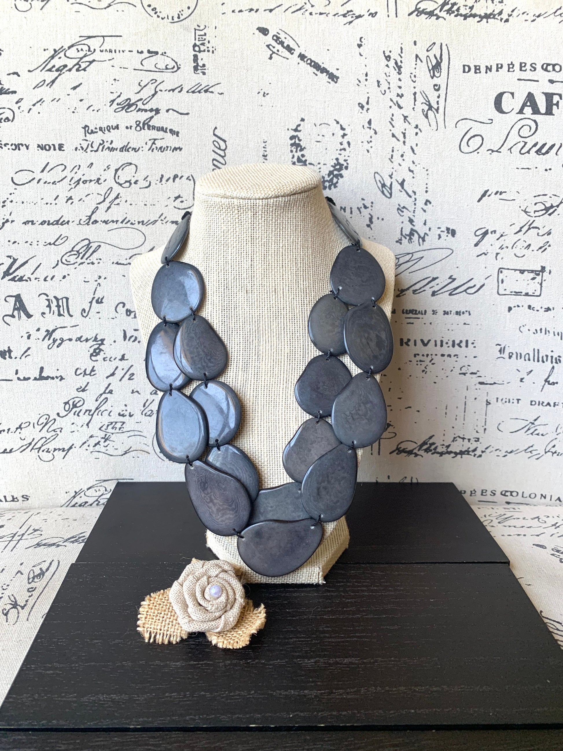 Dark gray statement necklace Tagua nut jewelry Fall fashion trends Big bold necklace Wearable art Handmade beaded necklace Adjustable cord