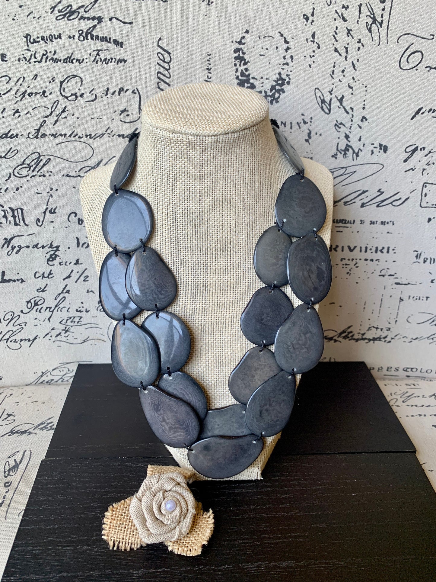 Dark gray statement necklace Tagua nut jewelry Fall fashion trends Big bold necklace Wearable art Handmade beaded necklace Adjustable cord