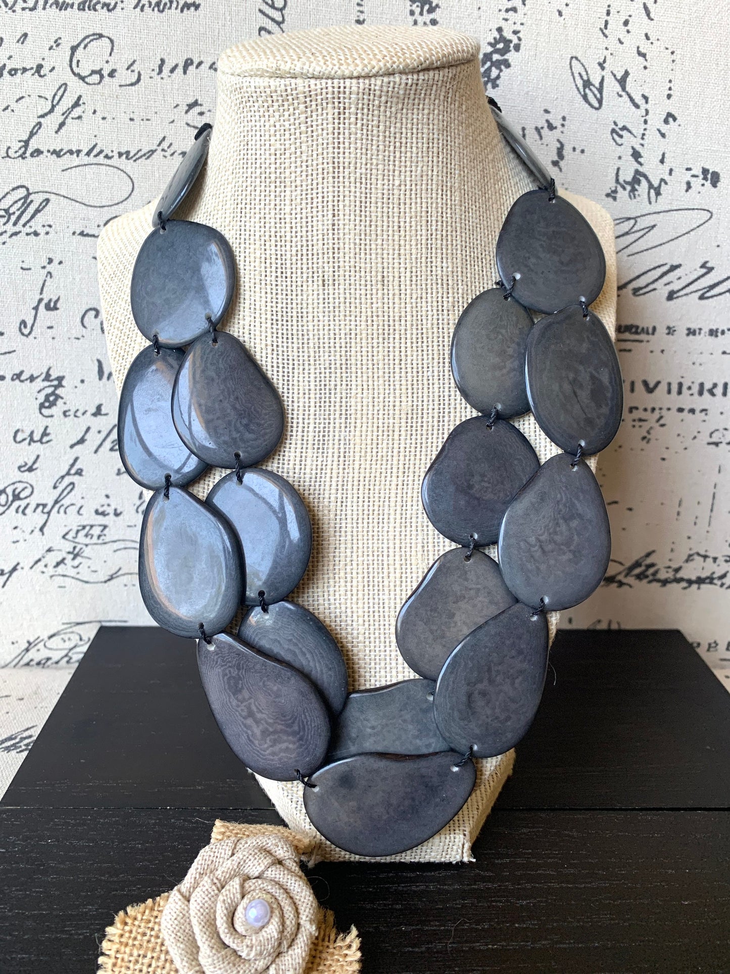 Dark gray statement necklace Tagua nut jewelry Fall fashion trends Big bold necklace Wearable art Handmade beaded necklace Adjustable cord