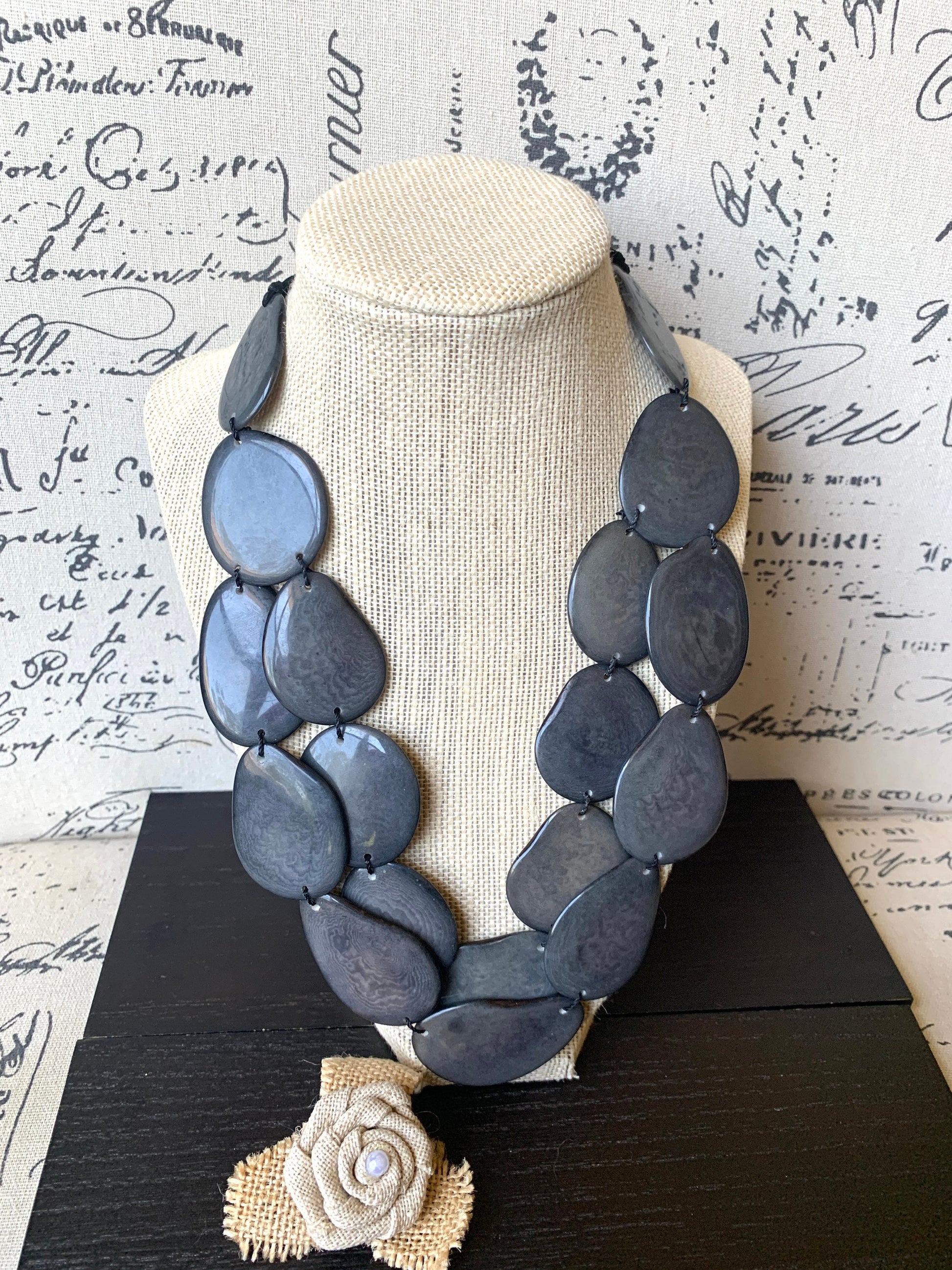 Dark gray statement necklace Tagua nut jewelry Fall fashion trends Big bold necklace Wearable art Handmade beaded necklace Adjustable cord