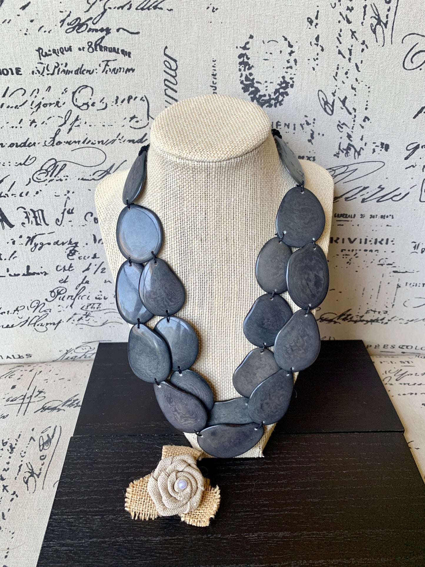 Dark gray statement necklace Tagua nut jewelry Fall fashion trends Big bold necklace Wearable art Handmade beaded necklace Adjustable cord