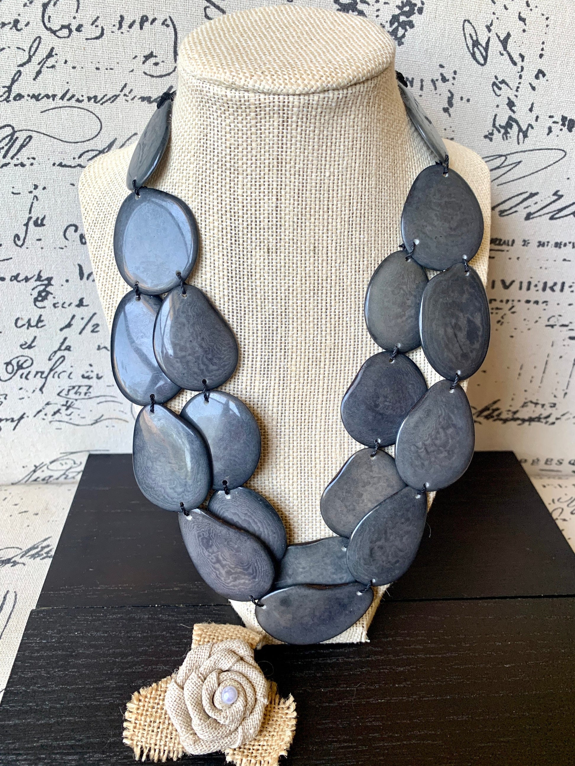 Dark gray statement necklace Tagua nut jewelry Fall fashion trends Big bold necklace Wearable art Handmade beaded necklace Adjustable cord
